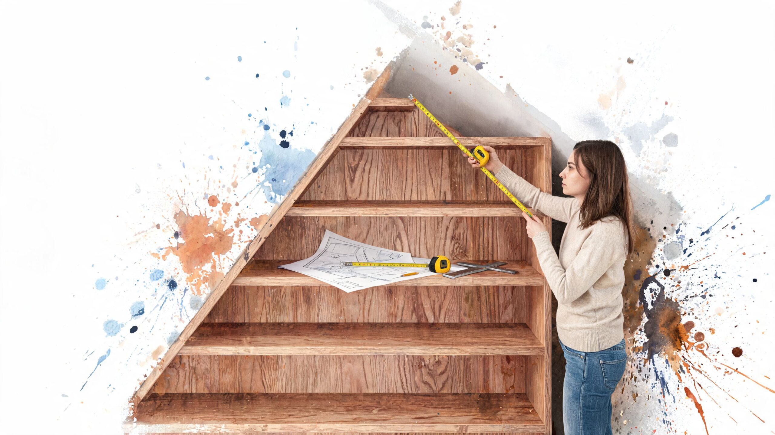A woman measuring the dimensions of a triangular custom wooden shelf against an artistic wall background.