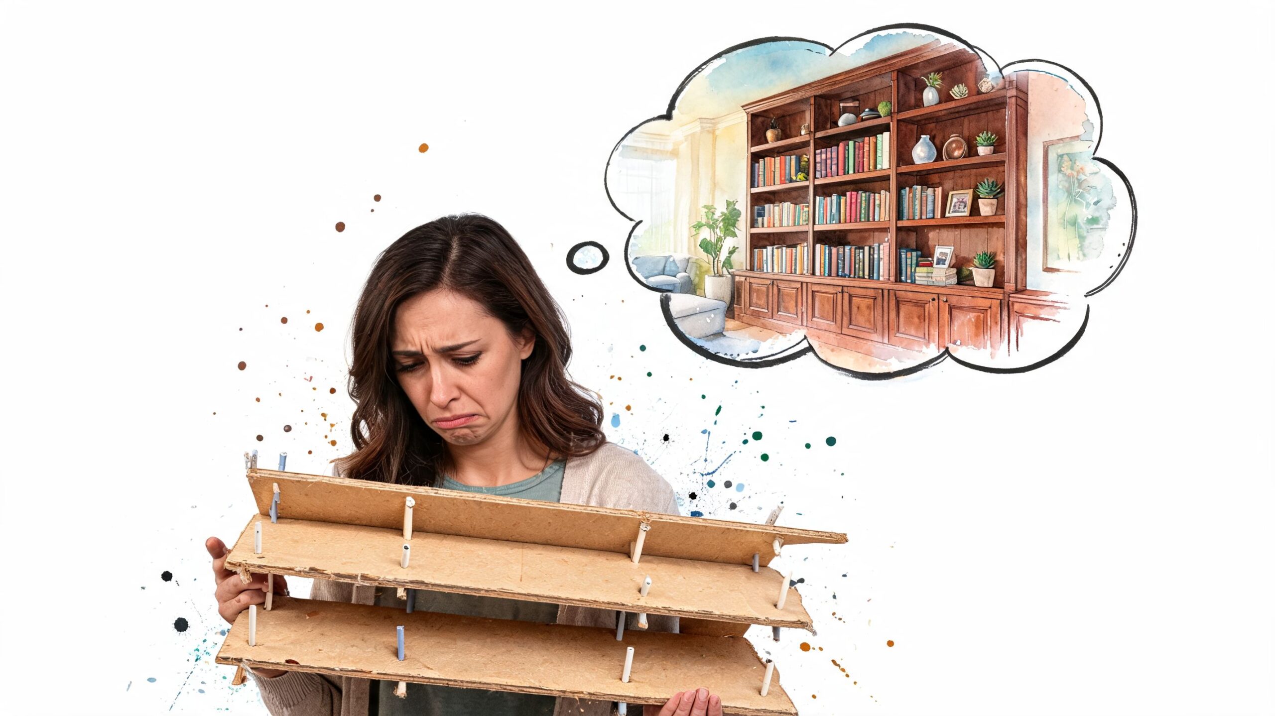 A woman looks frustrated holding damaged cardboard panels while dreaming of a beautiful custom wood shelving unit.