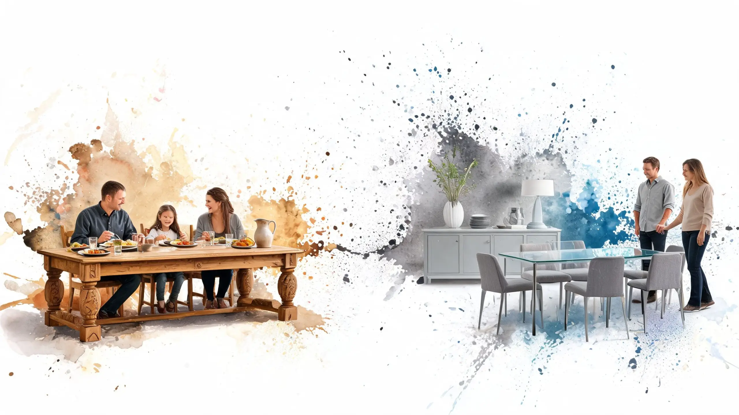 A split composition featuring a traditional wooden dining set with a family and a modern glass dining set.