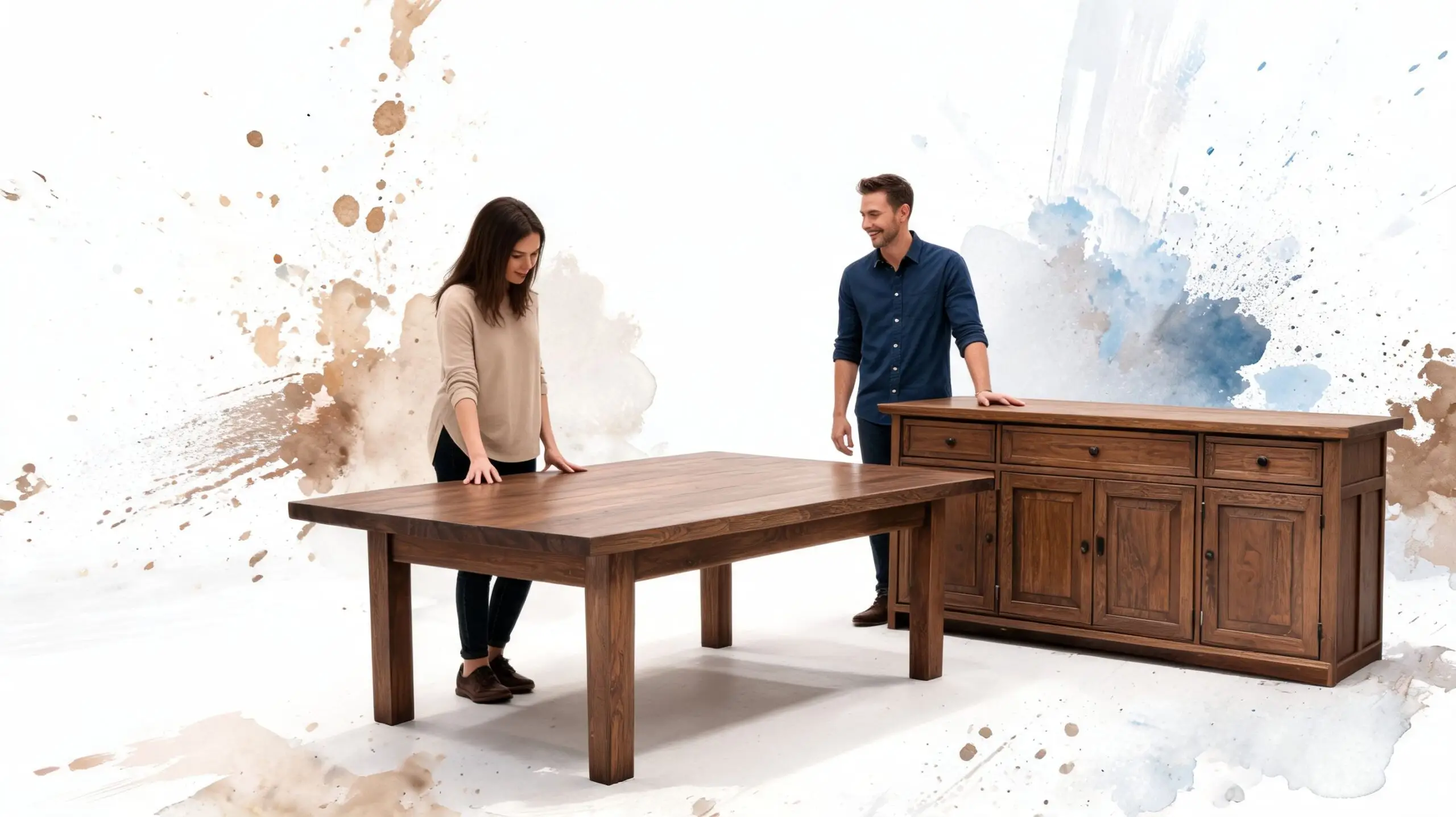 A couple examining a wooden dining table and a matching buffet side cabinet in a bright studio.