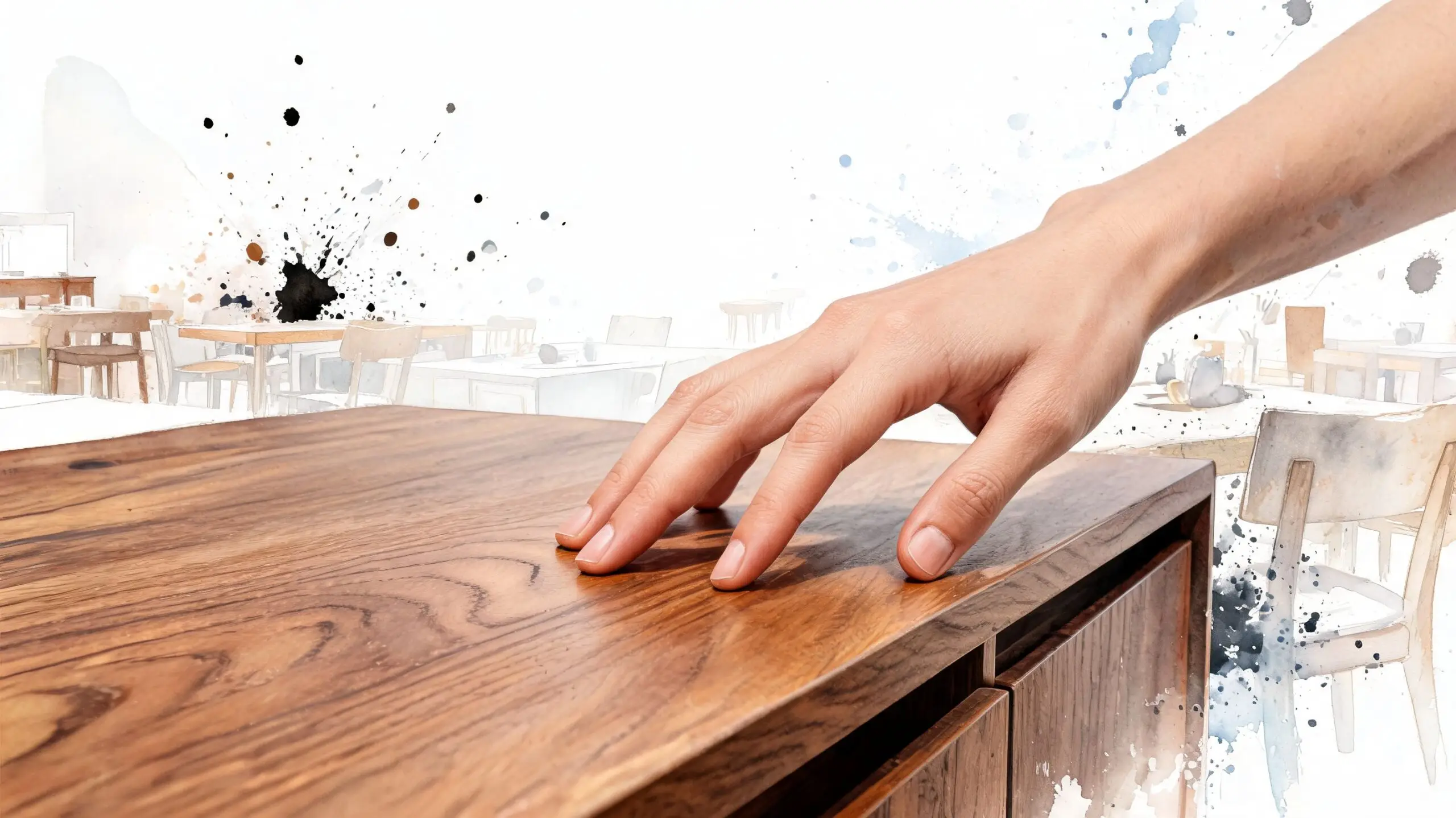 A hand rests on a smooth wooden buffet table with a background featuring dining furniture illustrations.