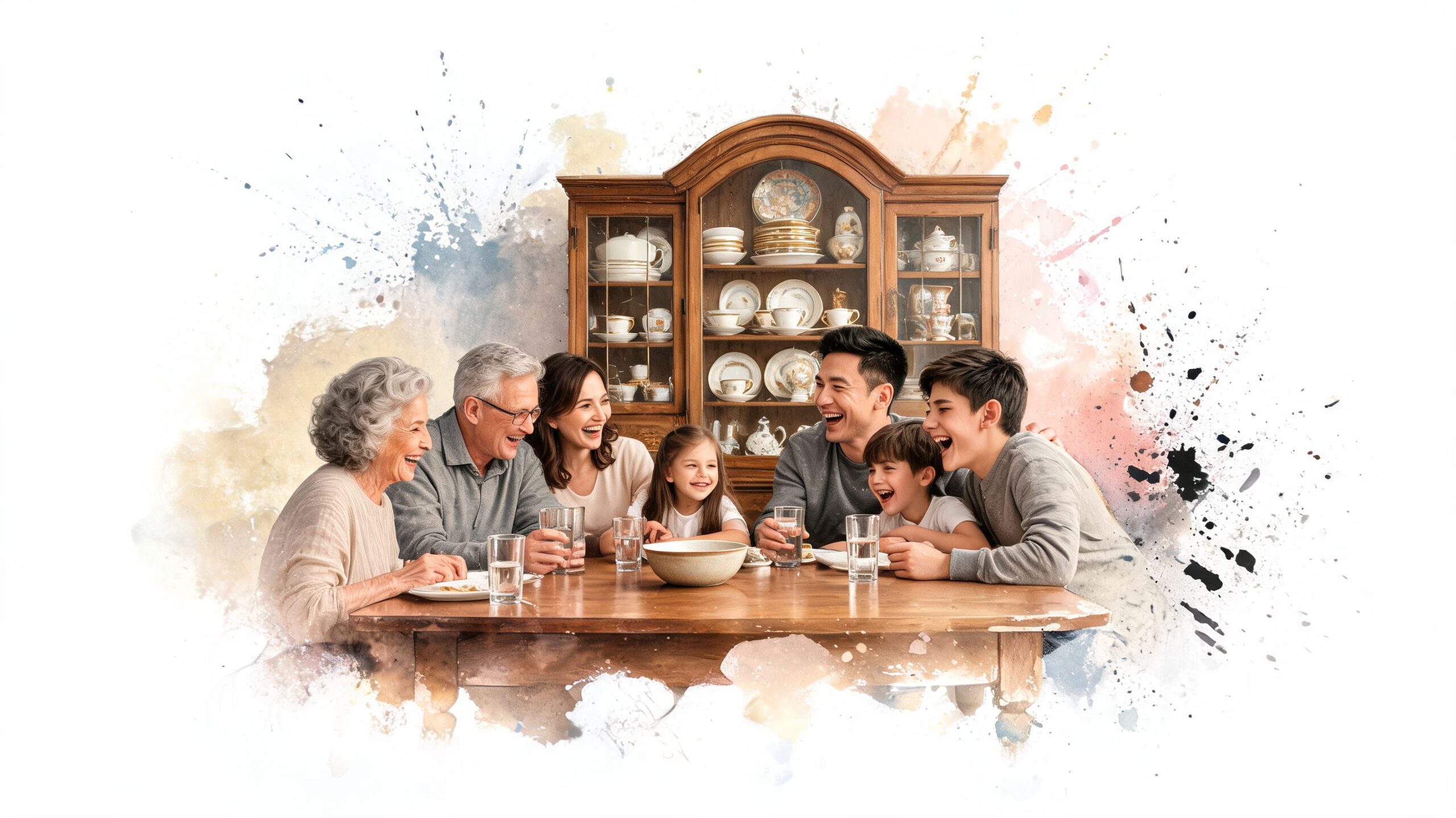 A happy multi-generational family laughing together while sitting around a wooden dining table with a china cabinet.