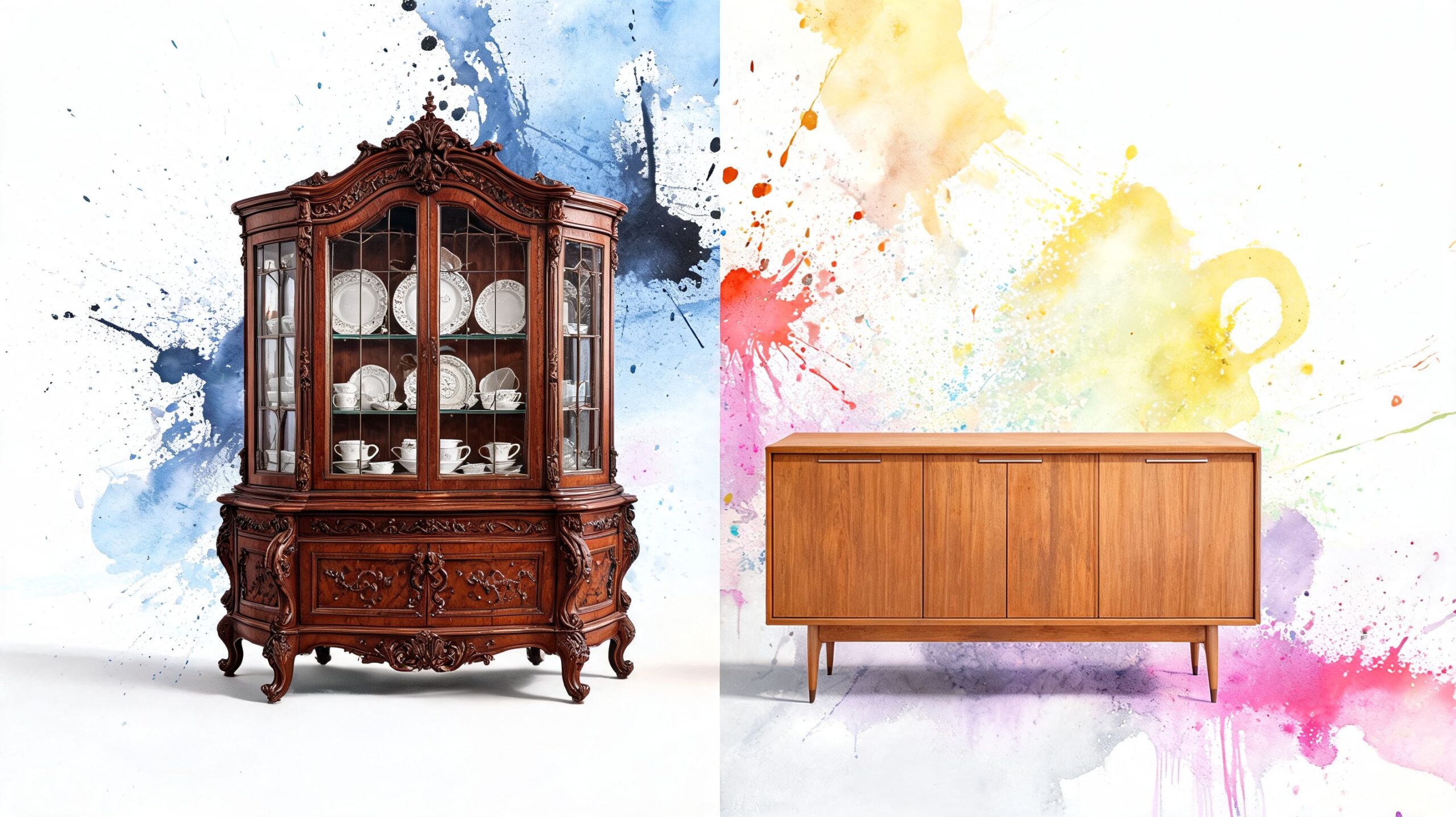 A split composition featuring an ornate vintage china cabinet and a minimalist modern wooden sideboard on a colorful background.