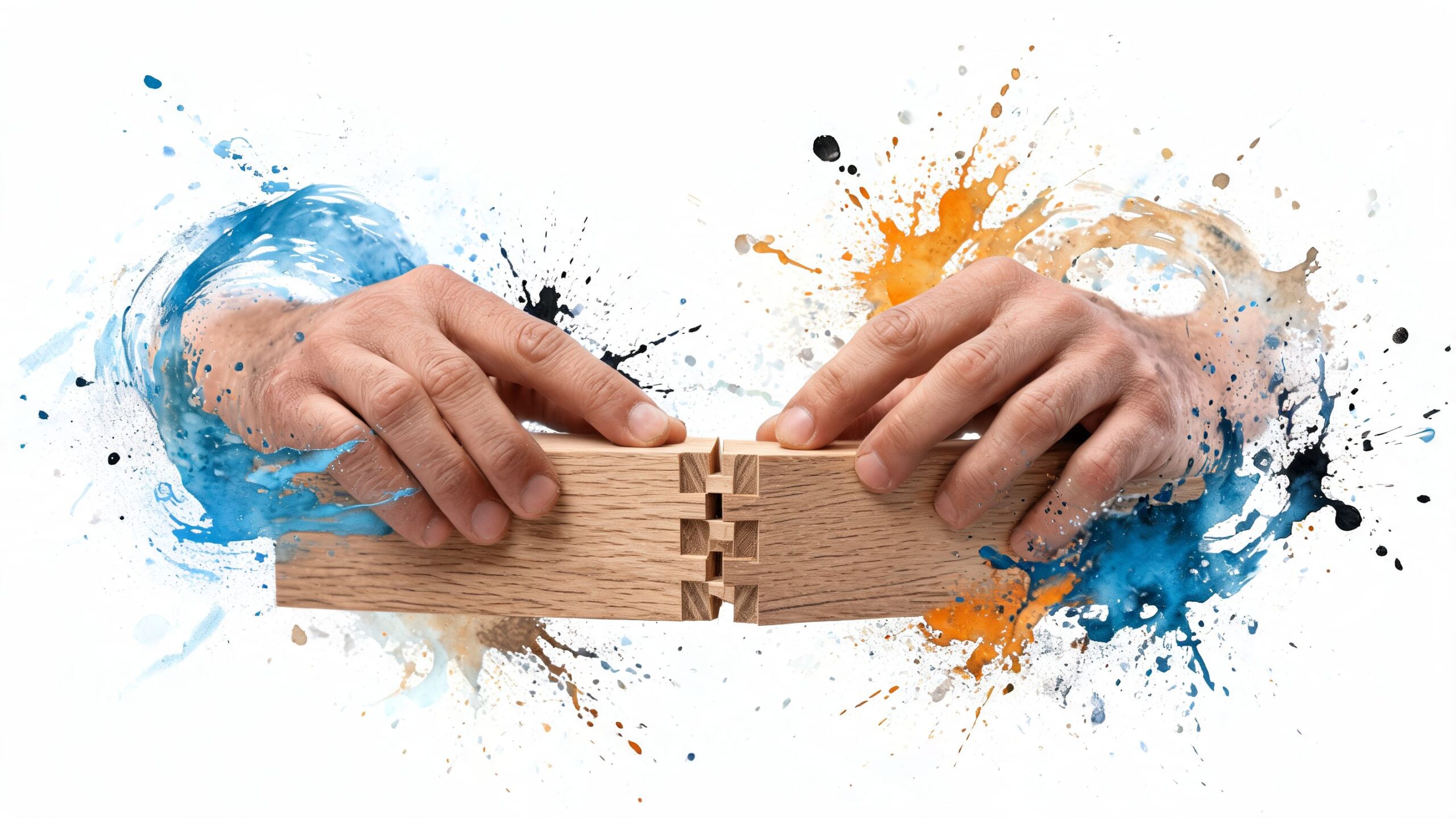 A craftsman connecting two pieces of light oak wood with finger joints amidst vibrant colorful paint splashes.