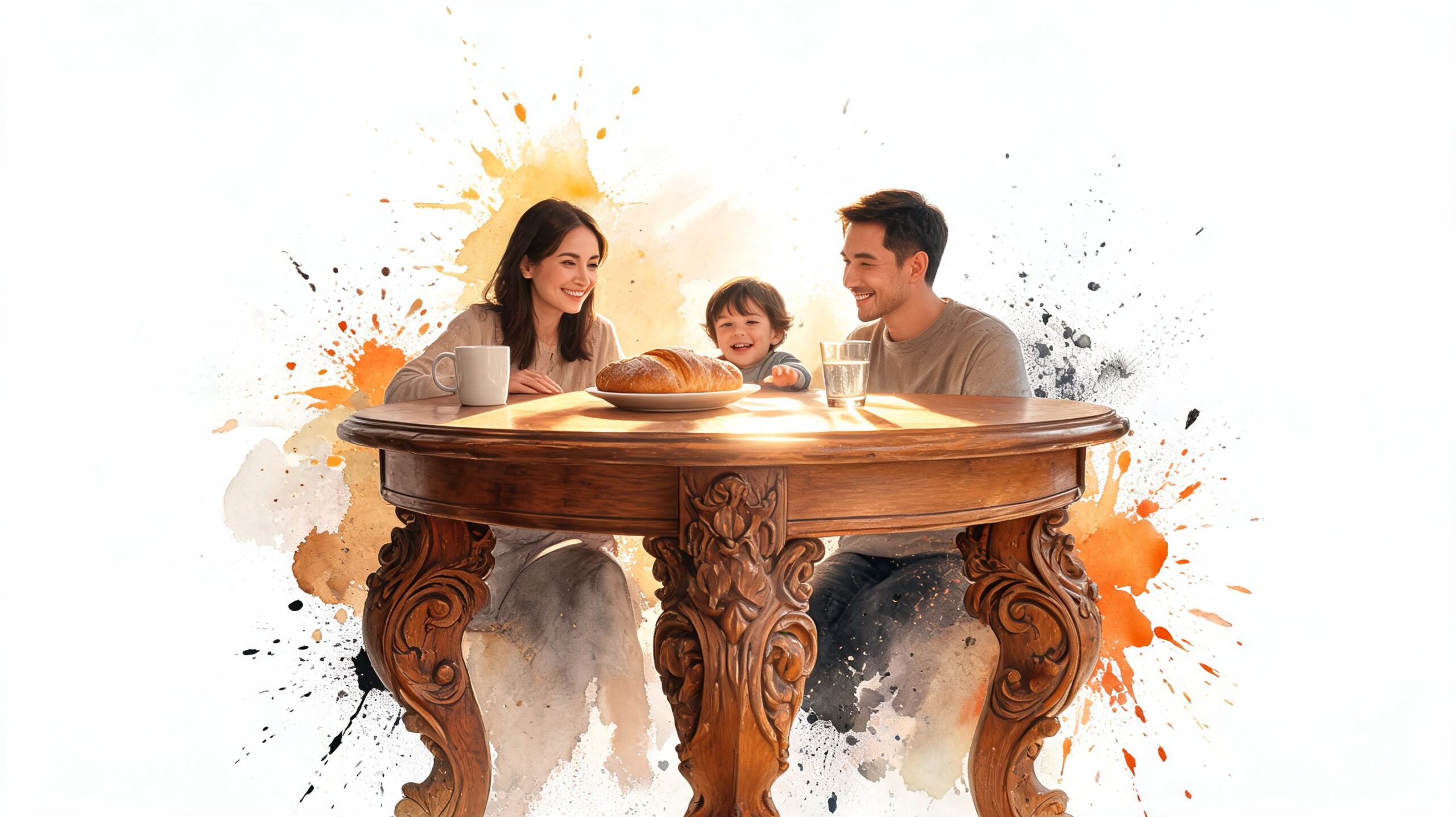 A happy family of three sitting at a decorative wooden dining table with a fresh croissant.