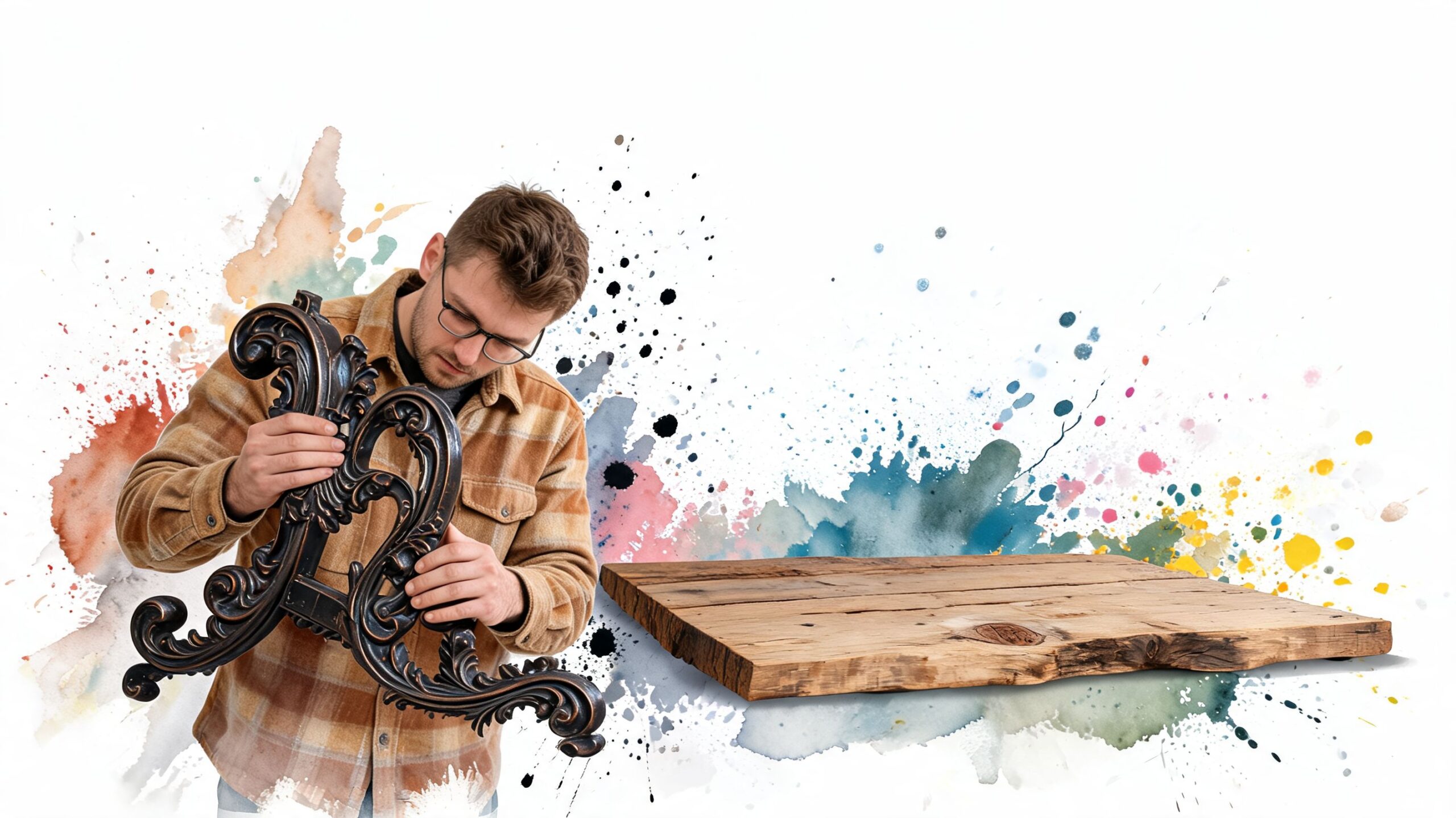 A craftsman carefully examines a decorative ornate black furniture table leg against a colorful abstract art background.