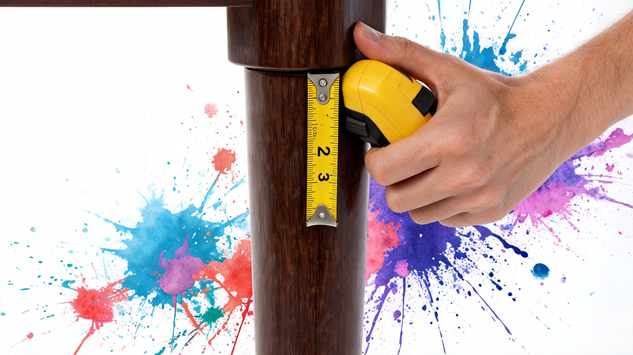 A close up view of a hand using a yellow tape measure to gauge a dark wooden table leg.