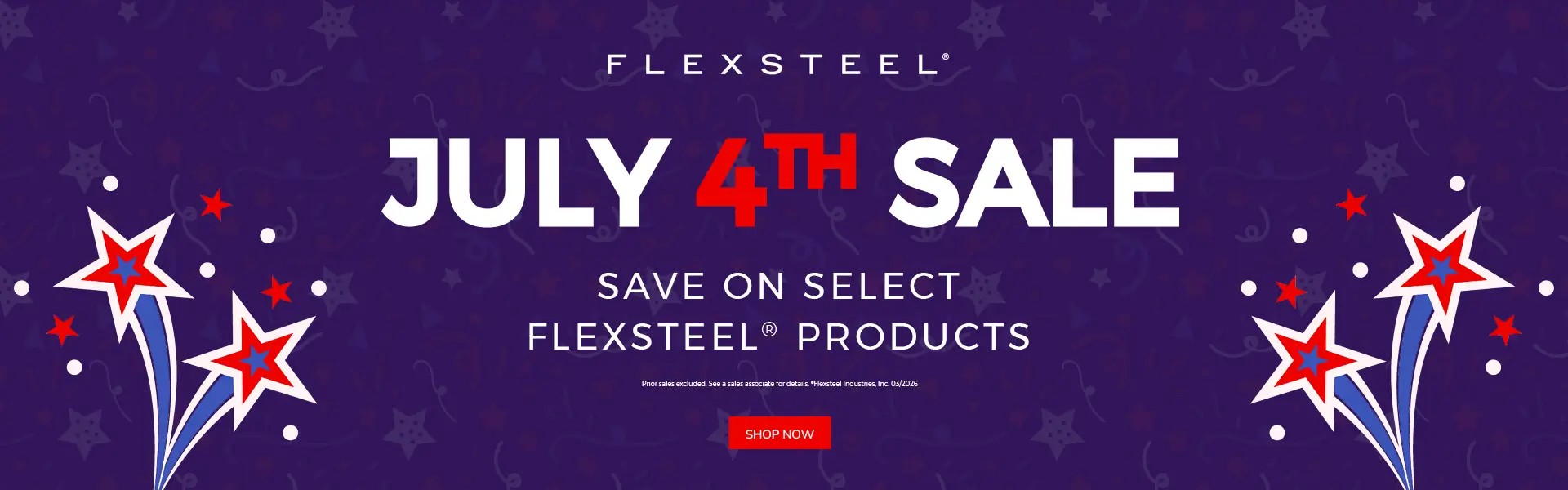 Flexsteel July 4th Sale promotional banner with stars and fireworks.