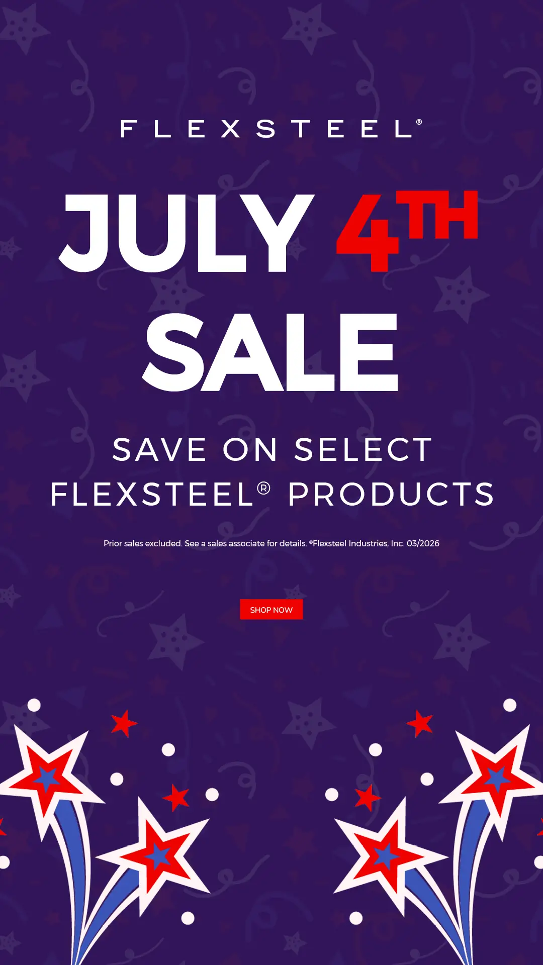 Flexsteel July 4th Sale promotional graphic with stars.