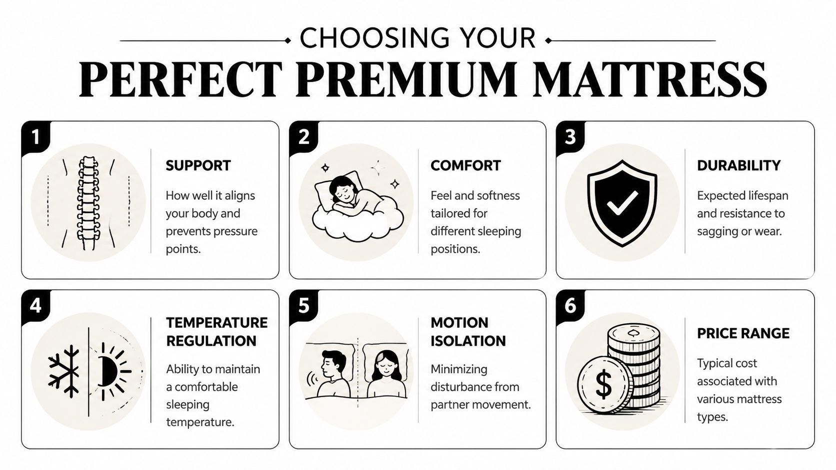 An infographic titled Choosing Your Perfect Premium Mattress illustrating six key factors including support comfort and durability.