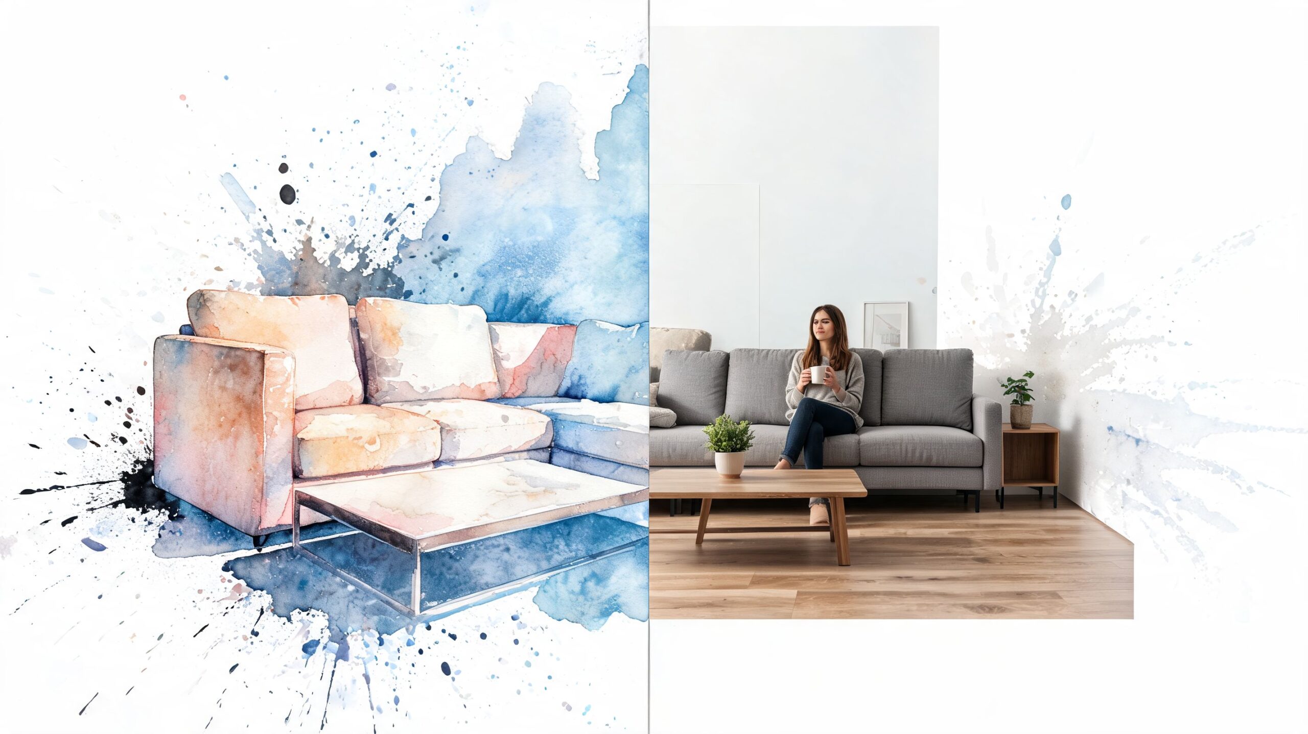 A split image showing a watercolor artistic rendering of a sofa on the left and a real living room.