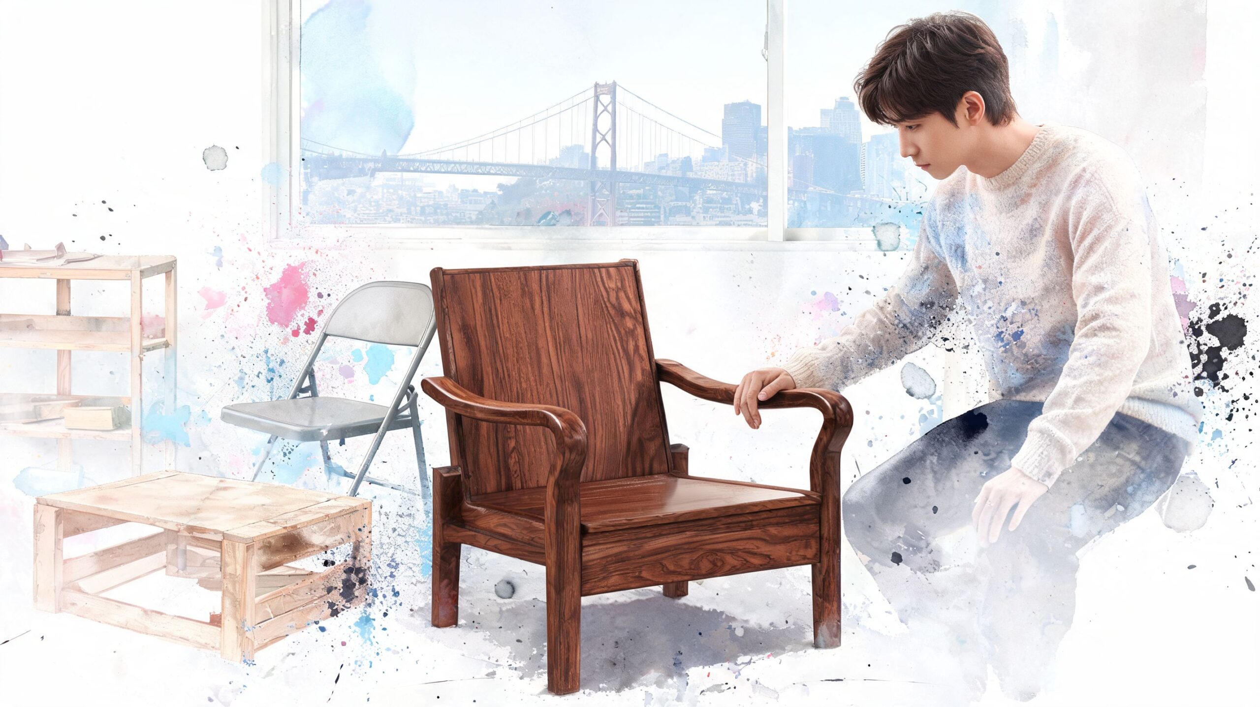 A young man sits beside an ornate wooden chair in a room with a view of a city