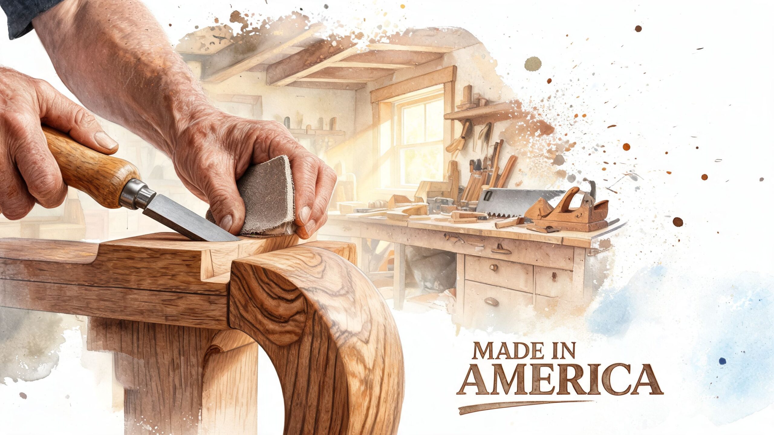 A close-up view of a carpenter hand-sanding a piece of wood in a traditional woodworking workshop.