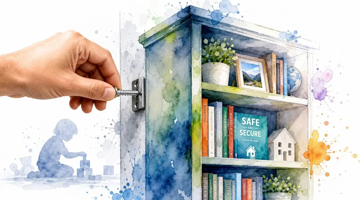 A hand using a screw to secure a bookshelf to a wall for child safety and stability.