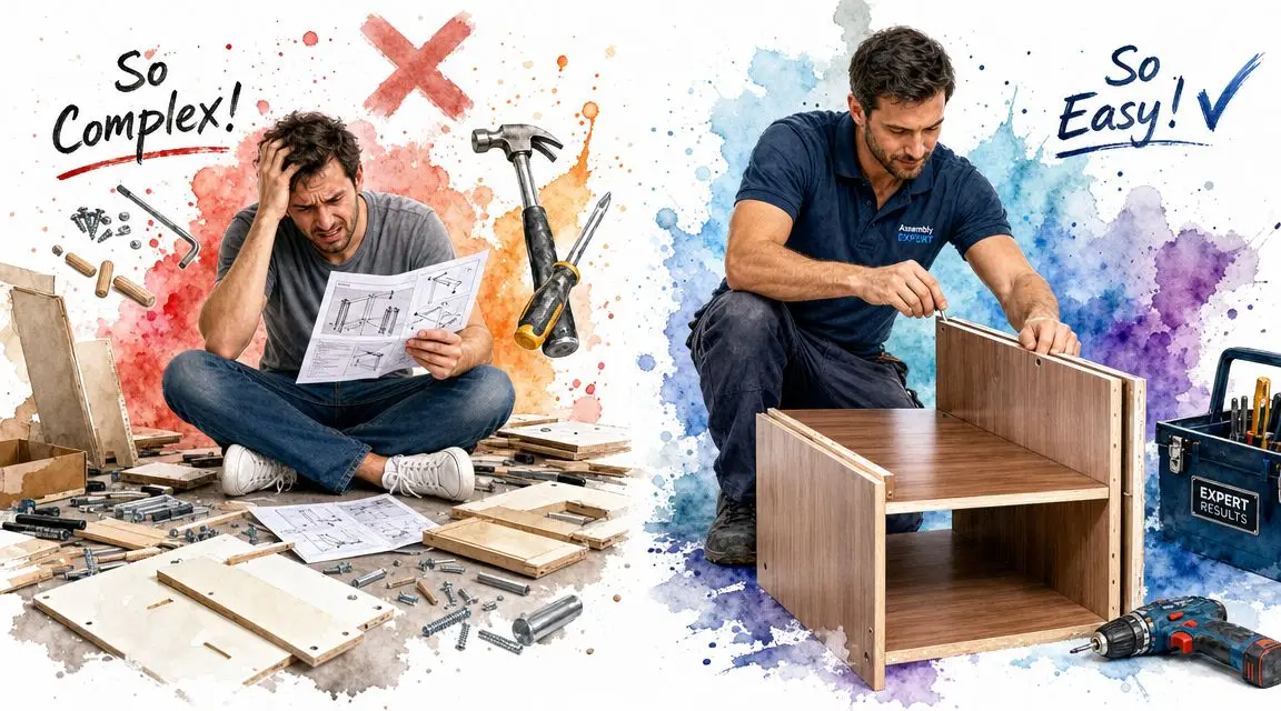A split image contrasting a frustrated man struggling with DIY furniture assembly and a professional assembling furniture easily.