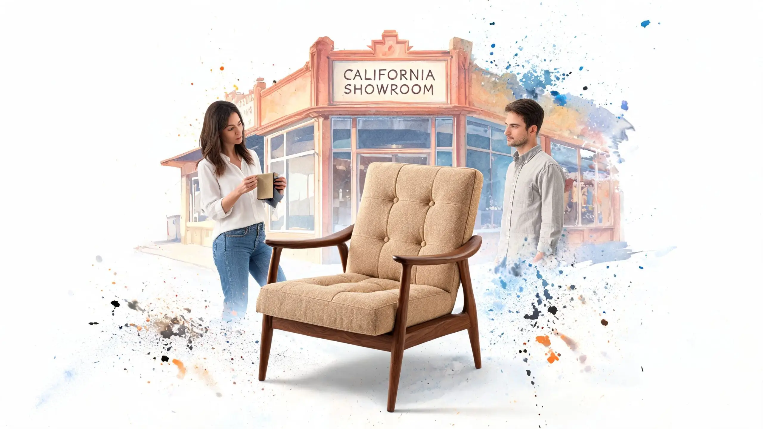 A couple examining fabric swatches for custom furniture in front of a watercolor illustration of a showroom.