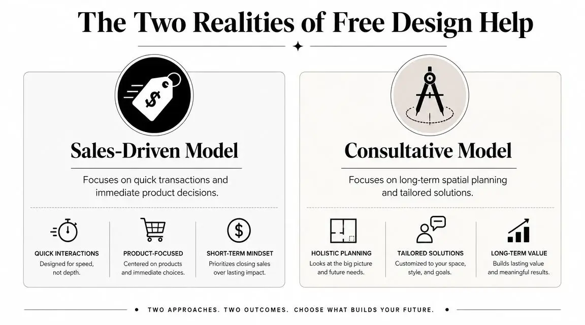 A comparison chart showing the differences between sales-driven and consultative models for free interior design services.