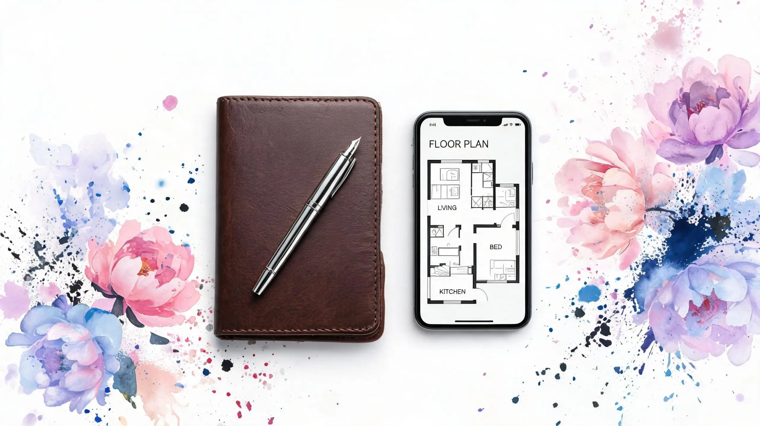 A leather notebook with a silver pen and a smartphone displaying a home floor plan layout.