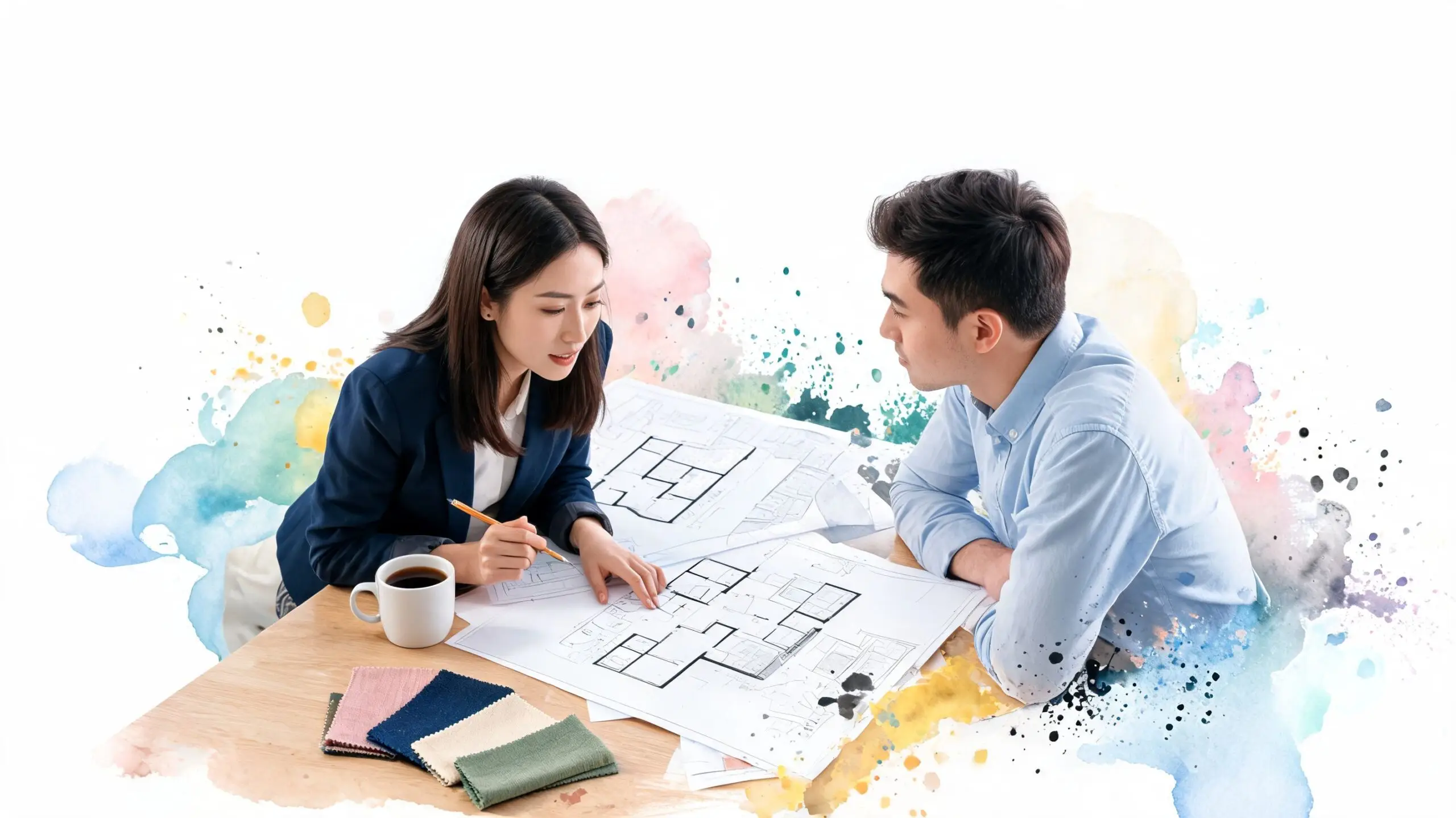 A professional interior designer collaborating with a client on architectural blueprints at a wooden desk.