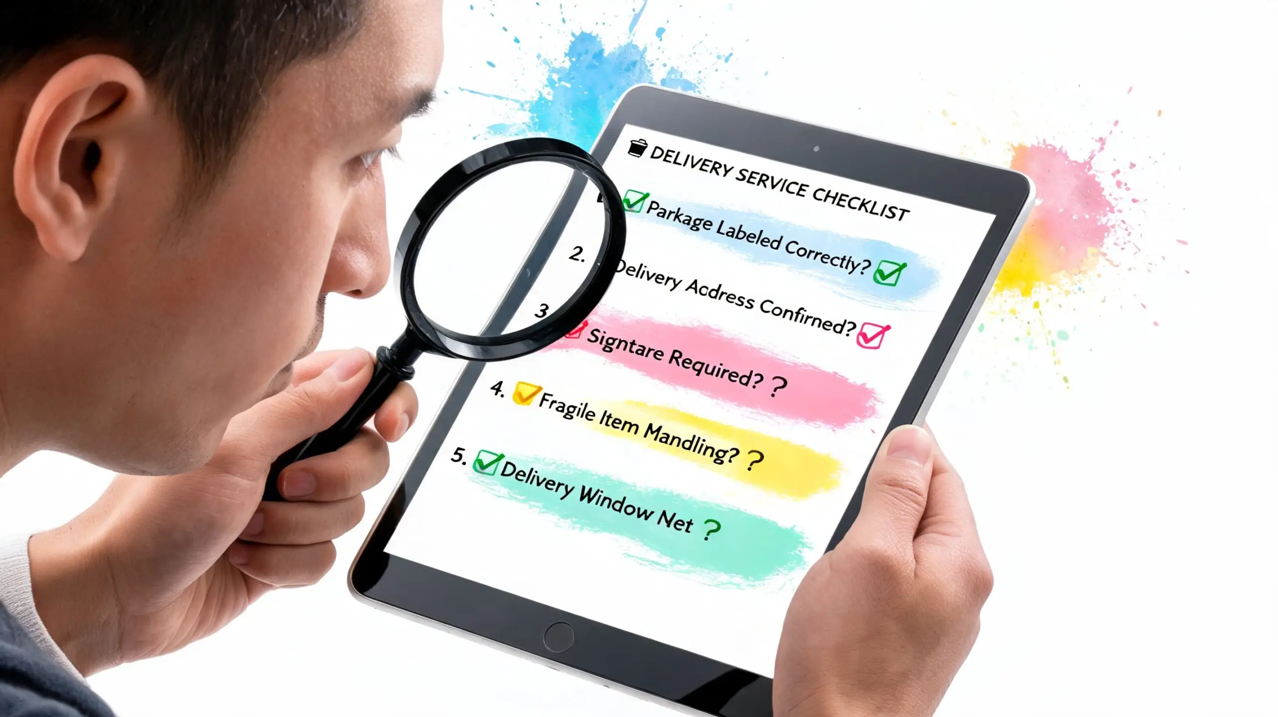 A man examines a digital delivery service checklist on a tablet screen with a magnifying glass.