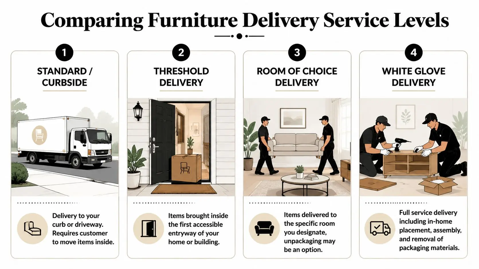 An infographic comparing four levels of furniture delivery services from curbside drop-off to white glove assembly.