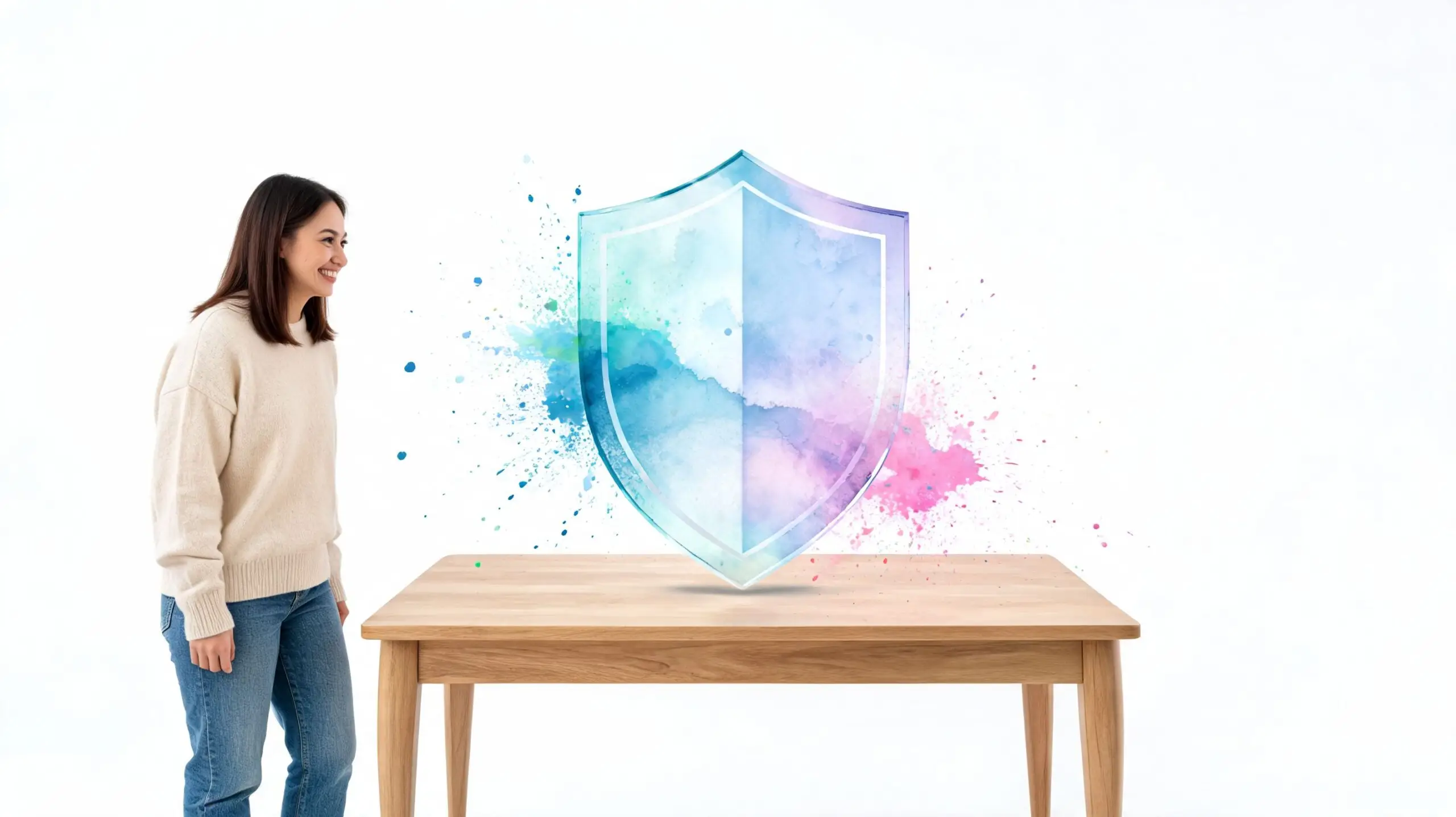 A smiling woman looks at a transparent, watercolor-style shield hologram floating above a wooden dining table.