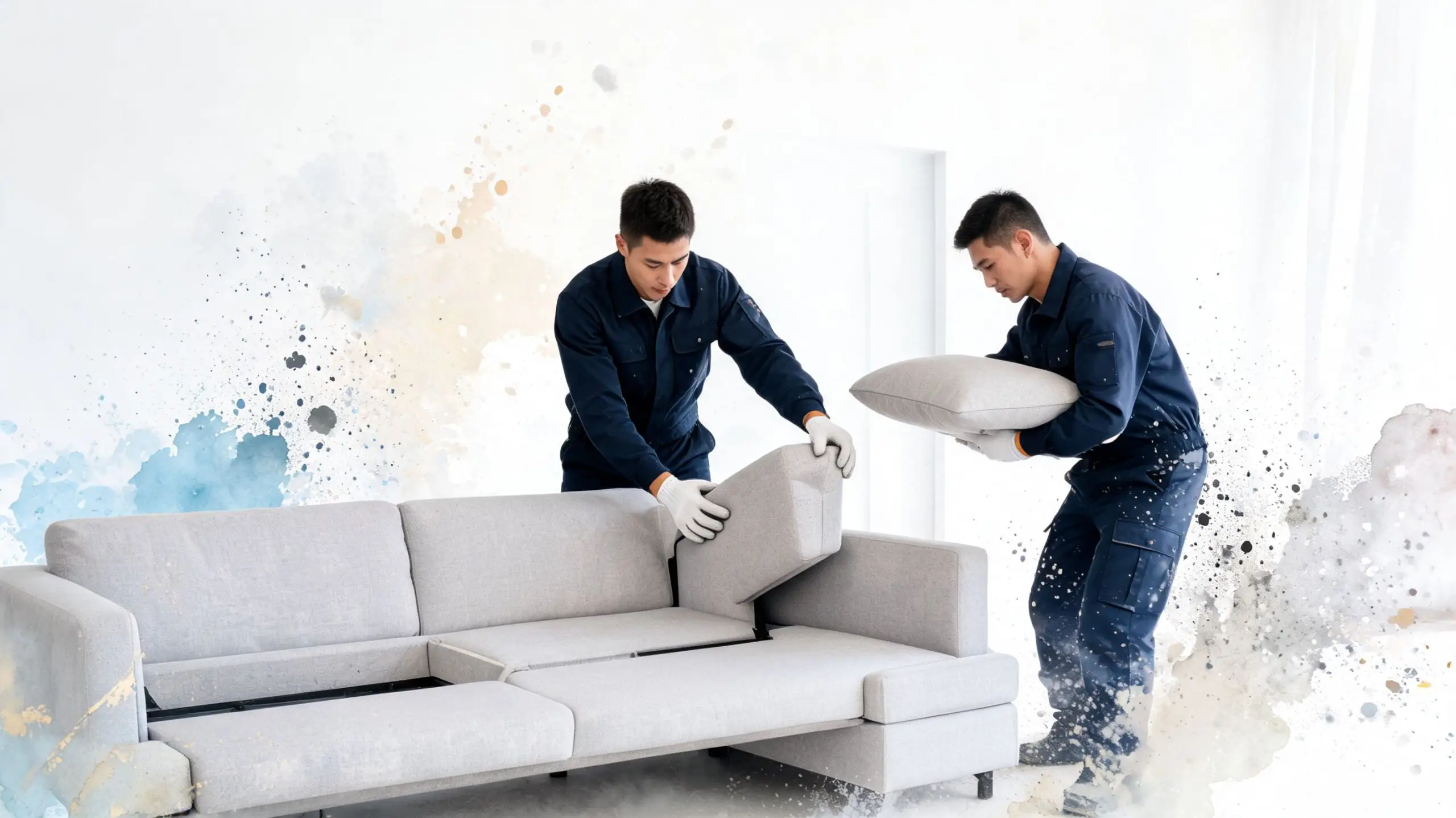 Two professional movers in uniform placing cushions onto a modern grey sectional sofa during home assembly.