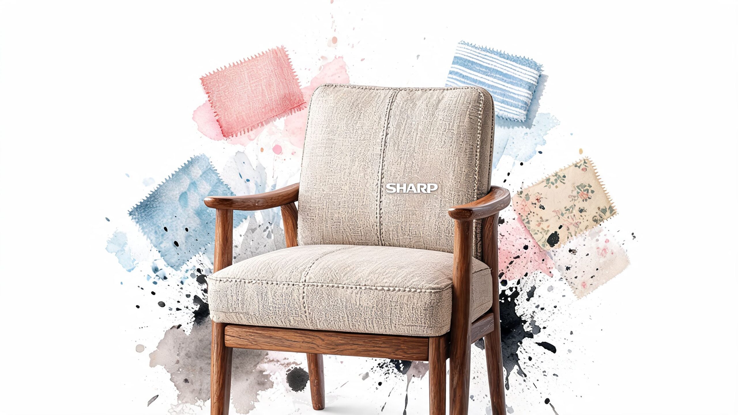 A modern upholstered armchair with wooden arms, set against a background of watercolor splashes and fabric swatches.