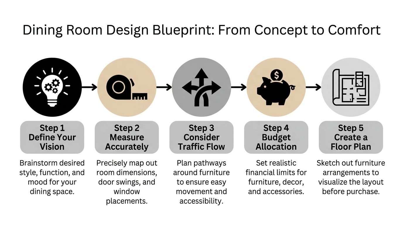 A five-step flowchart titled Dining Room Design Blueprint showing the process from concept to final floor plan.