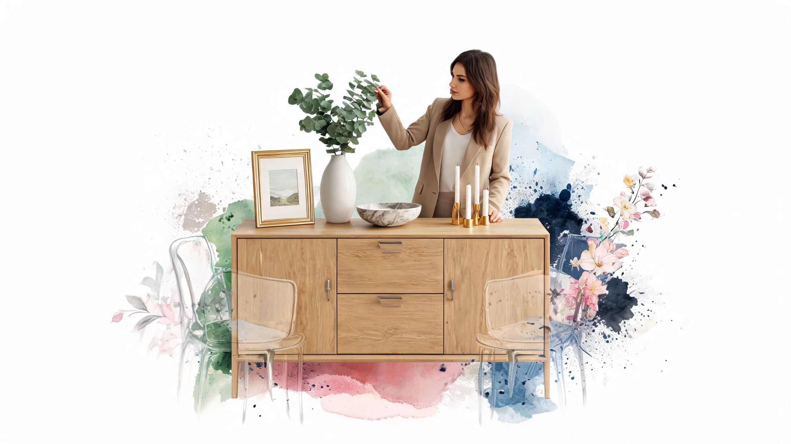 A woman styling a wooden dining room sideboard decorated with a vase, picture frame, and candles.