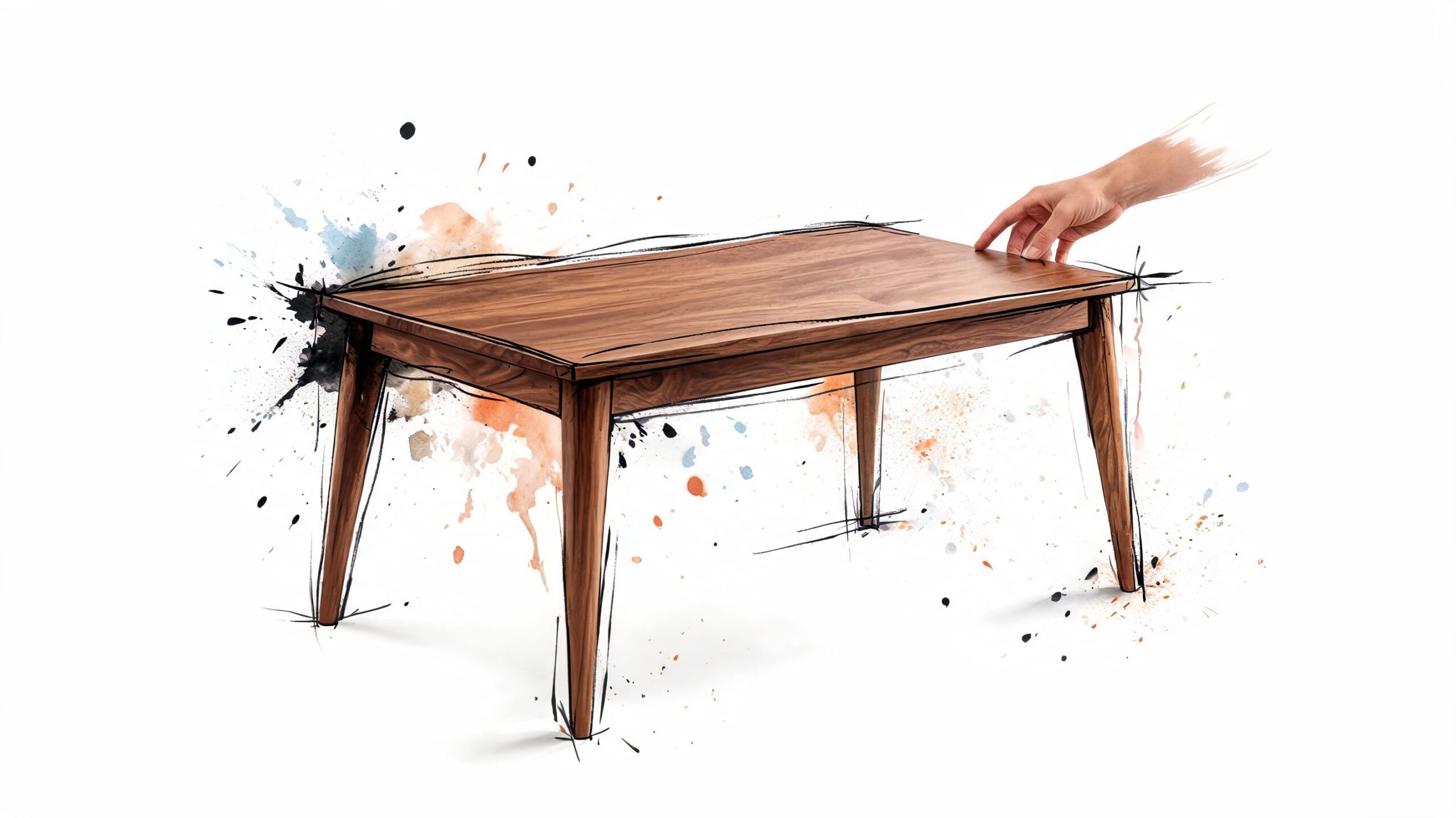 A hand touching a wooden dining table rendered with watercolor sketch effects on a white background.