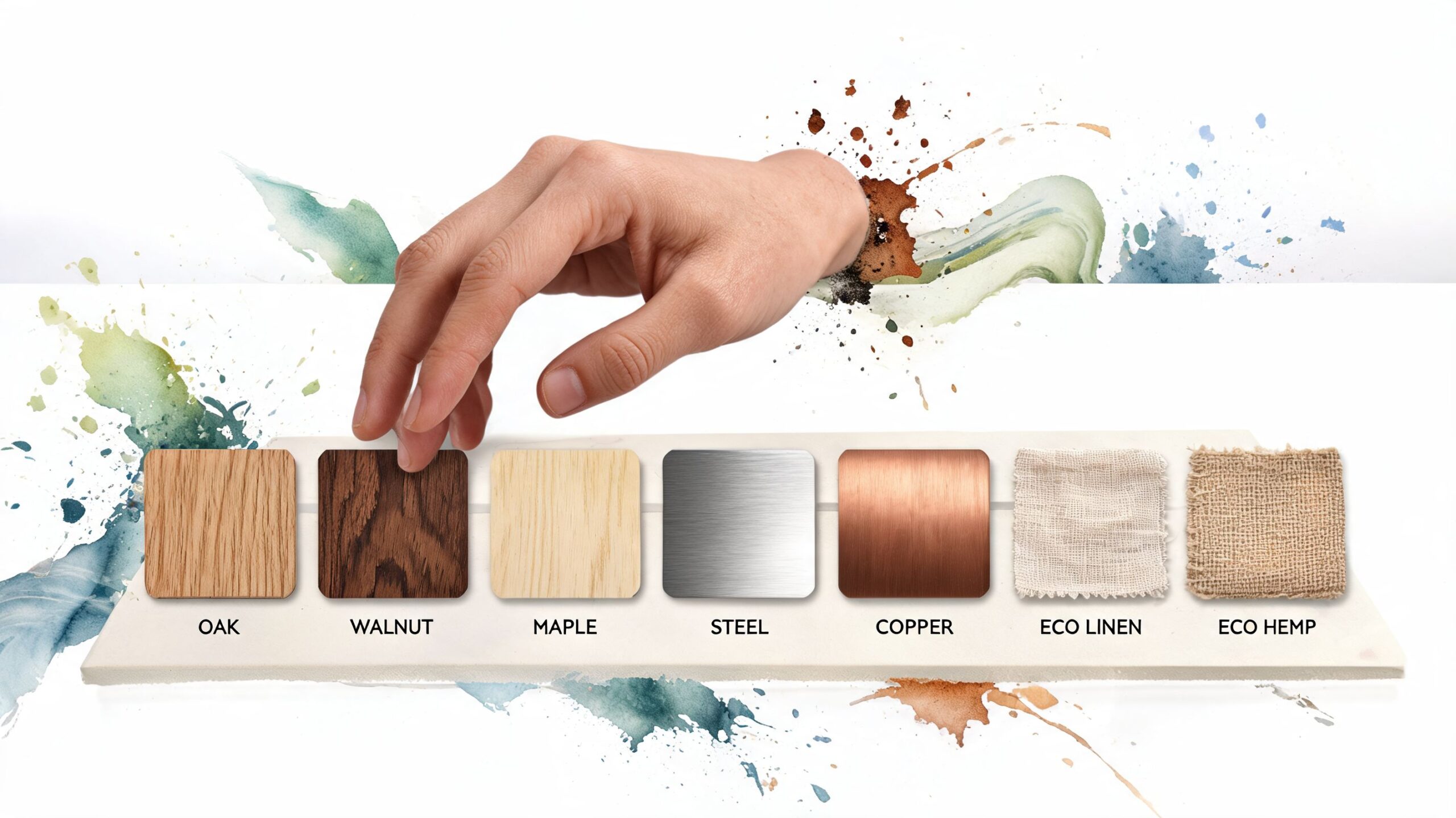 A hand selecting a material sample from a collection of wood, metal, and textile finishes.
