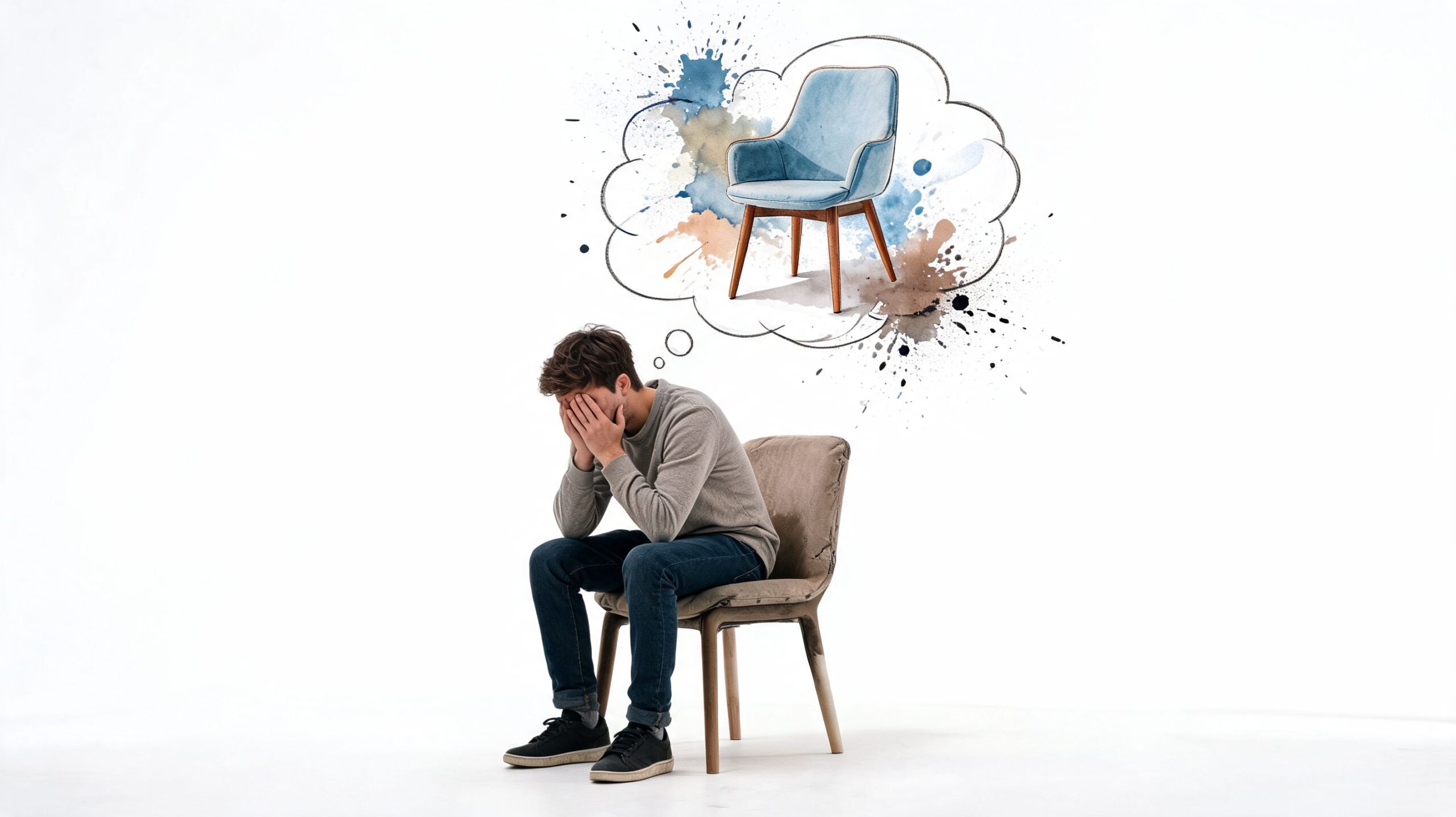 A depressed man sitting on a chair with a watercolor illustration of a chair floating above him.