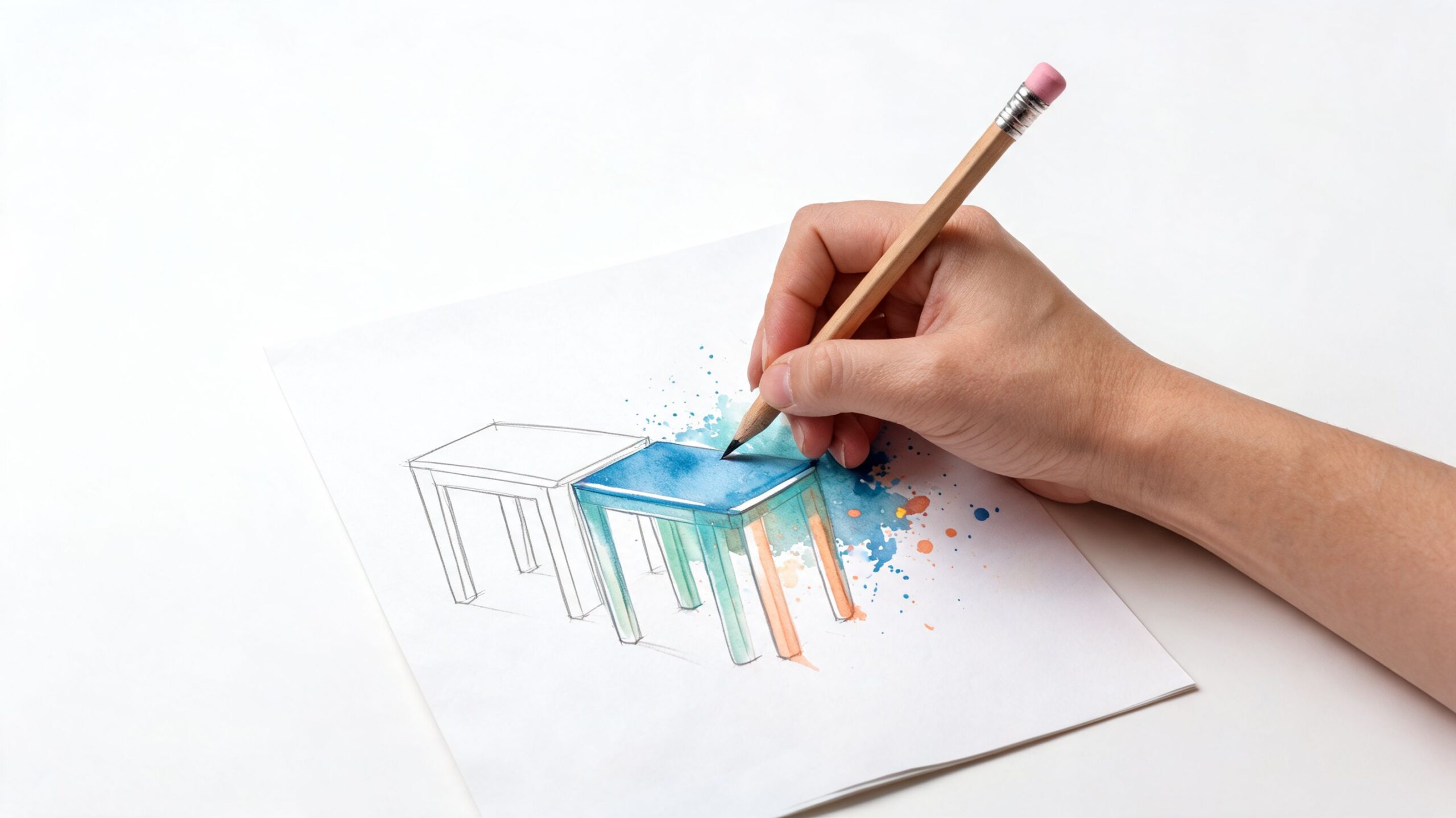 A hand using a pencil to sketch and color a small blue wooden table on white paper.