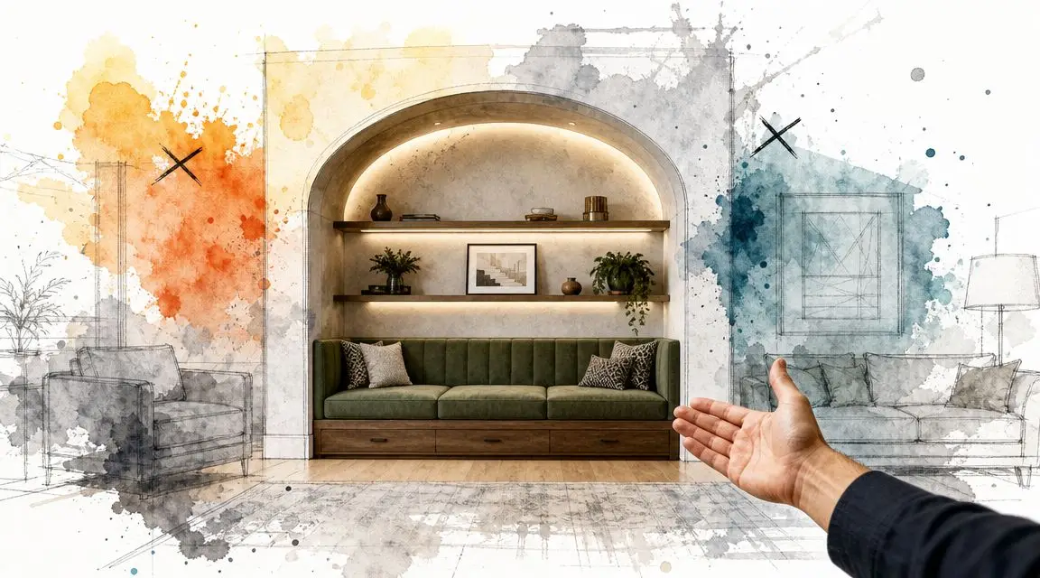 A hand gesture points to a hybrid interior design concept blending architectural sketches with realistic furniture.
