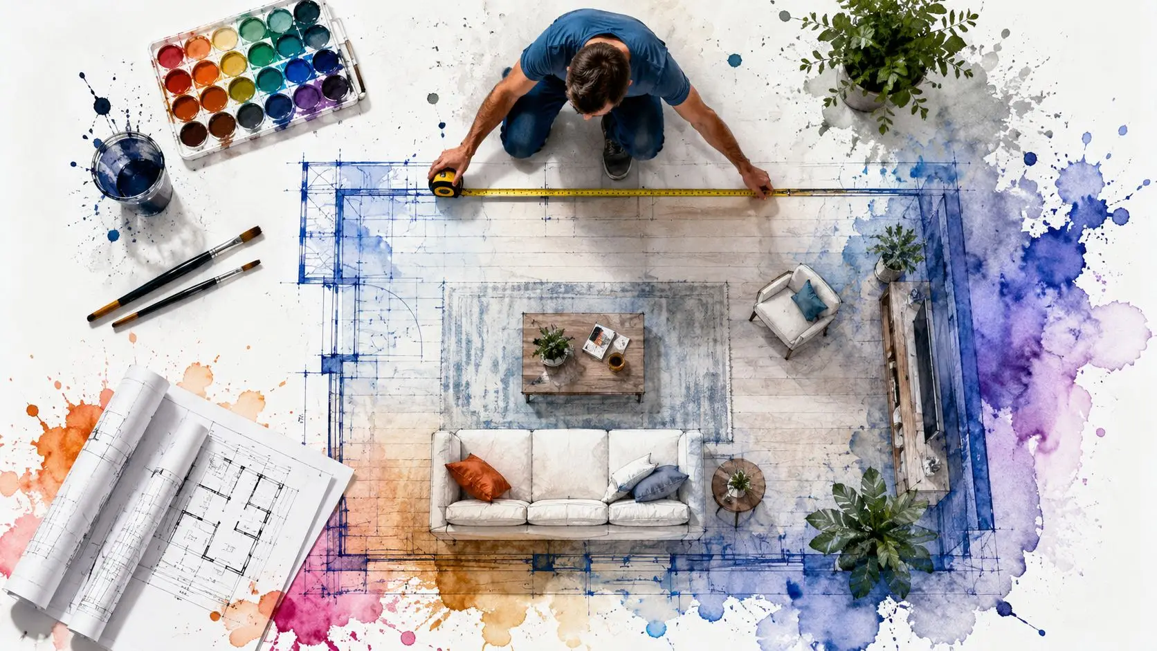 A professional interior designer measuring a floor plan for a modern living room design layout.