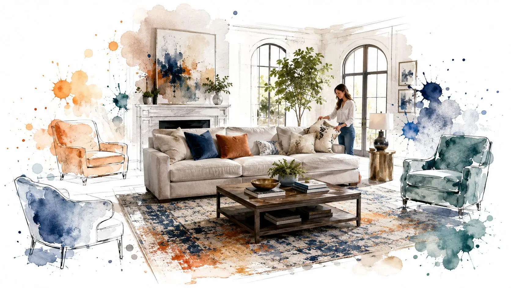 A woman arranging a decorative pillow on a beige sofa in an artistic living room with watercolor accents.
