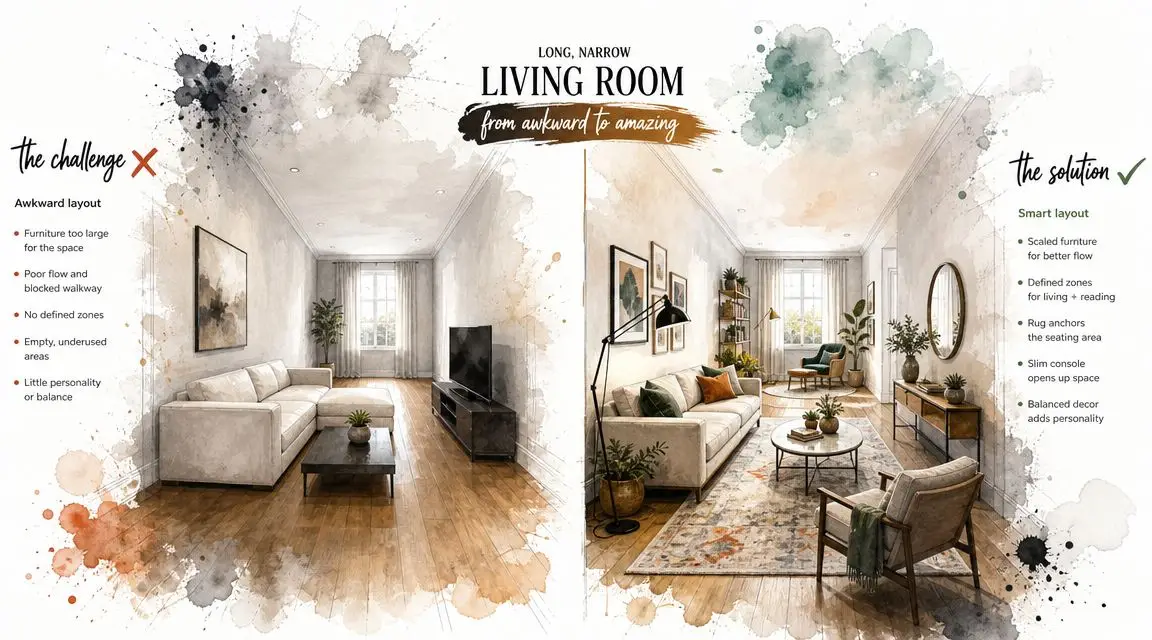 A split-screen comparison showing an awkward, empty living room layout versus an improved, functional, and well-designed room.