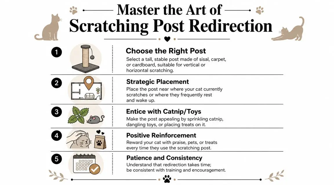 An infographic titled Master the Art of Scratching Post Redirection providing five steps to guide cat scratching behaviors.