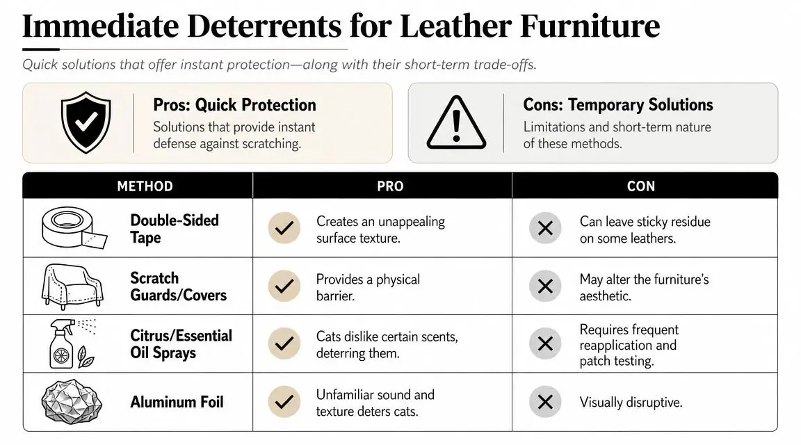 A chart showing four immediate methods to prevent cats from scratching leather furniture, including pros and cons.