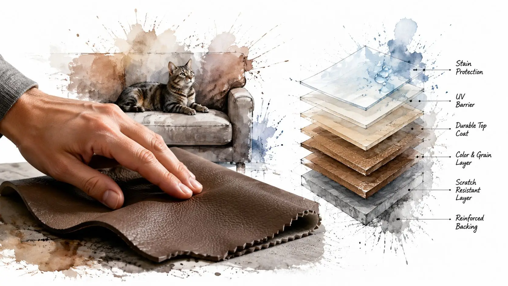 A hand touching a durable leather fabric swatch beside a diagram showing its protective material layers.
