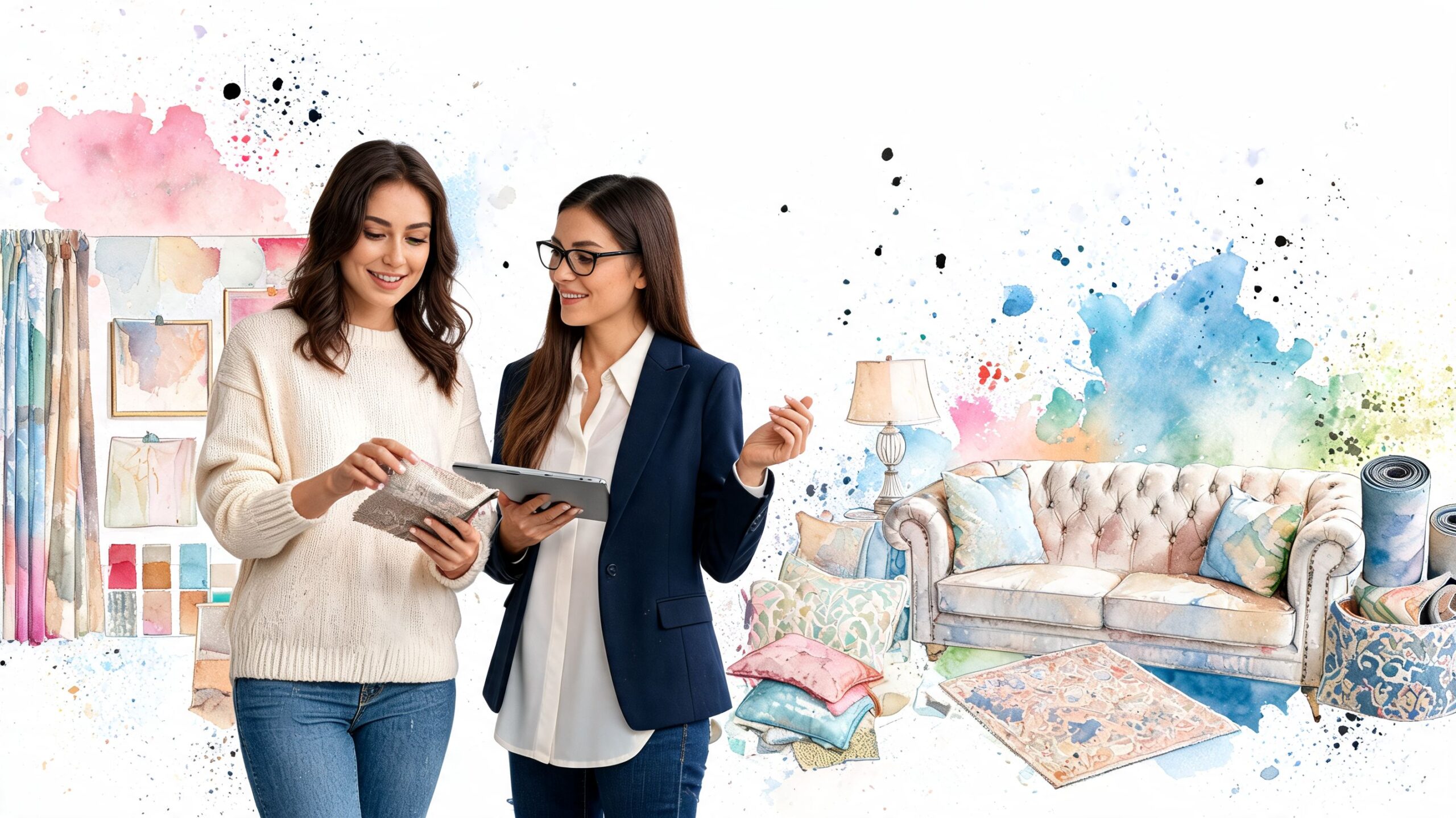 Two women, an interior designer and a client, discussing fabric samples during a professional design consultation session.