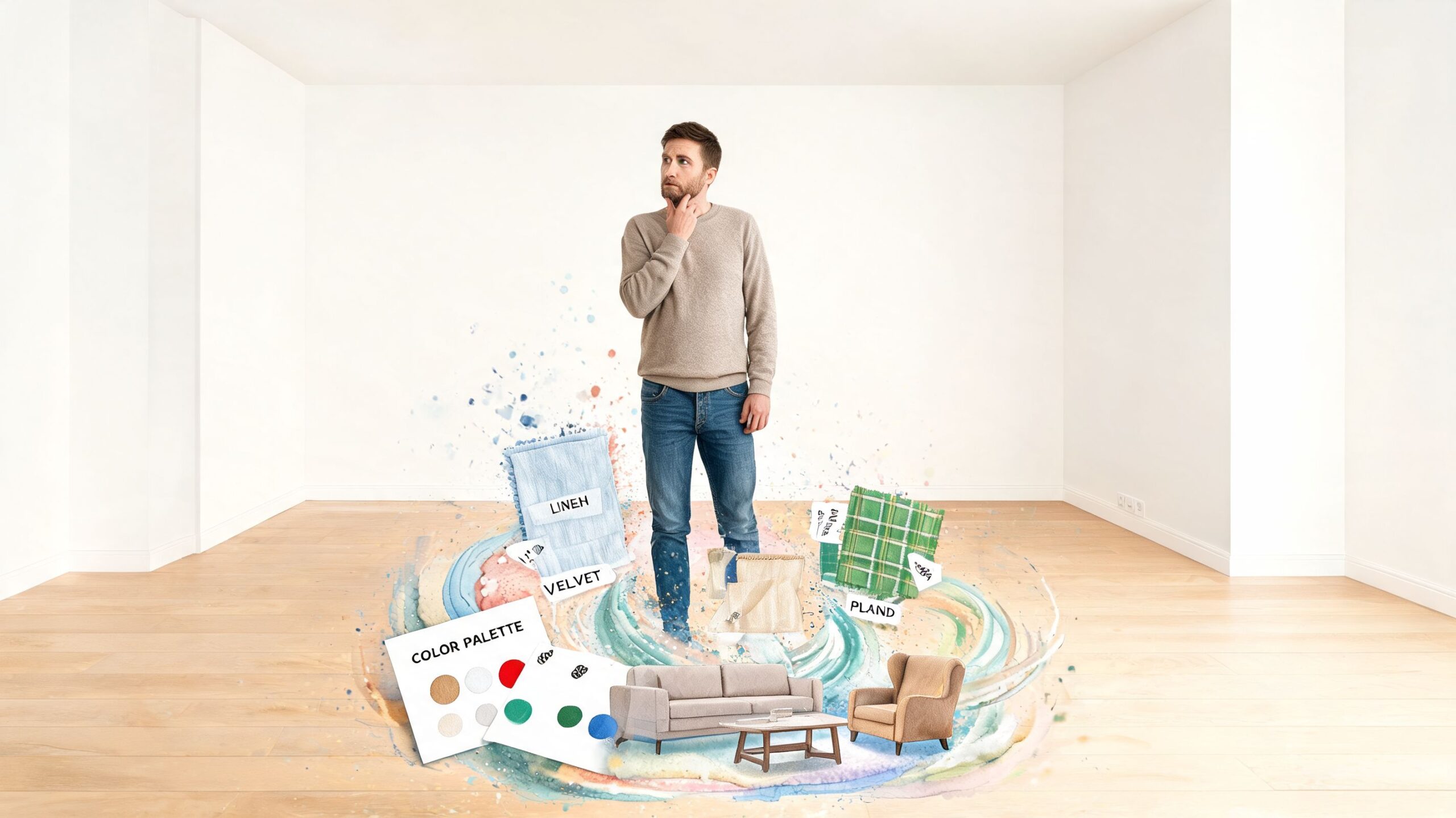 A man stands in an empty room, surrounded by floating interior design swatches, furniture, and color palettes.