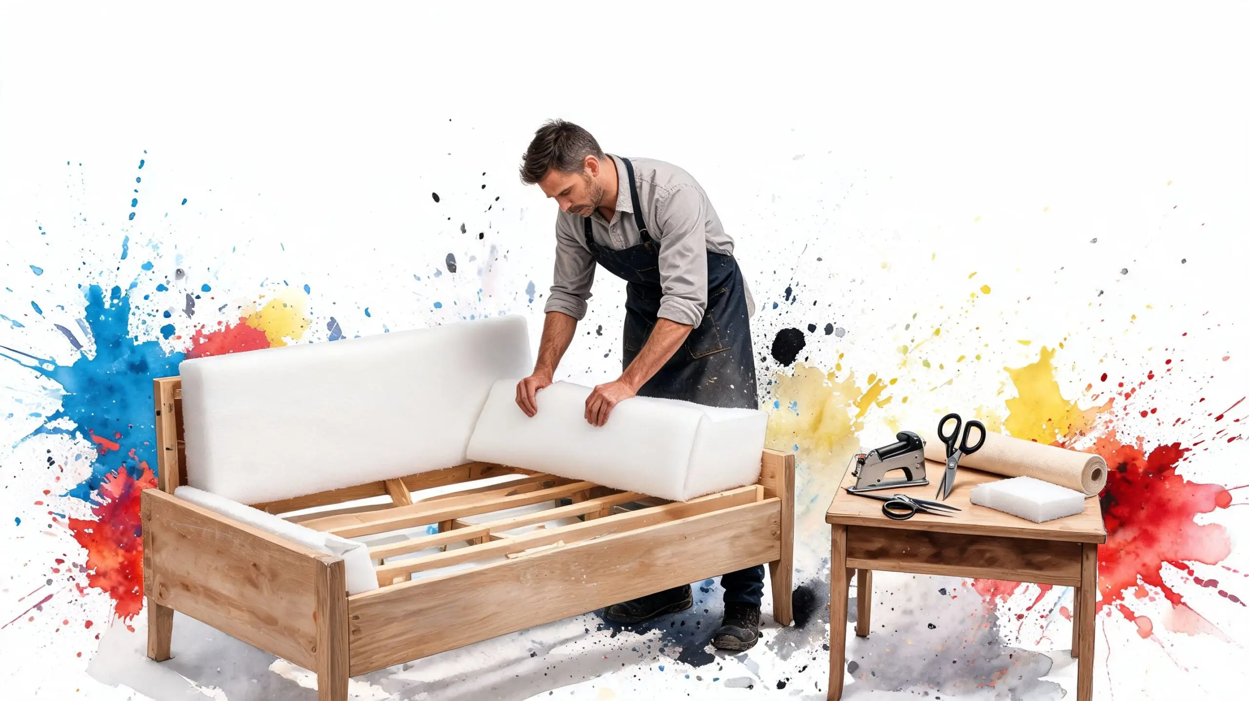 A professional upholsterer works on a wooden sofa frame, adding new foam padding in his workshop.