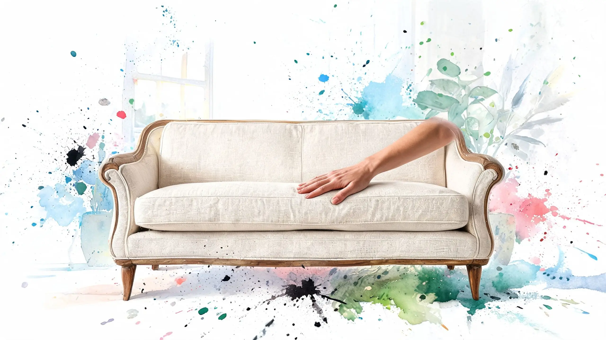 A hand rests on a vintage off-white sofa surrounded by artistic colorful watercolor splashes on white background.