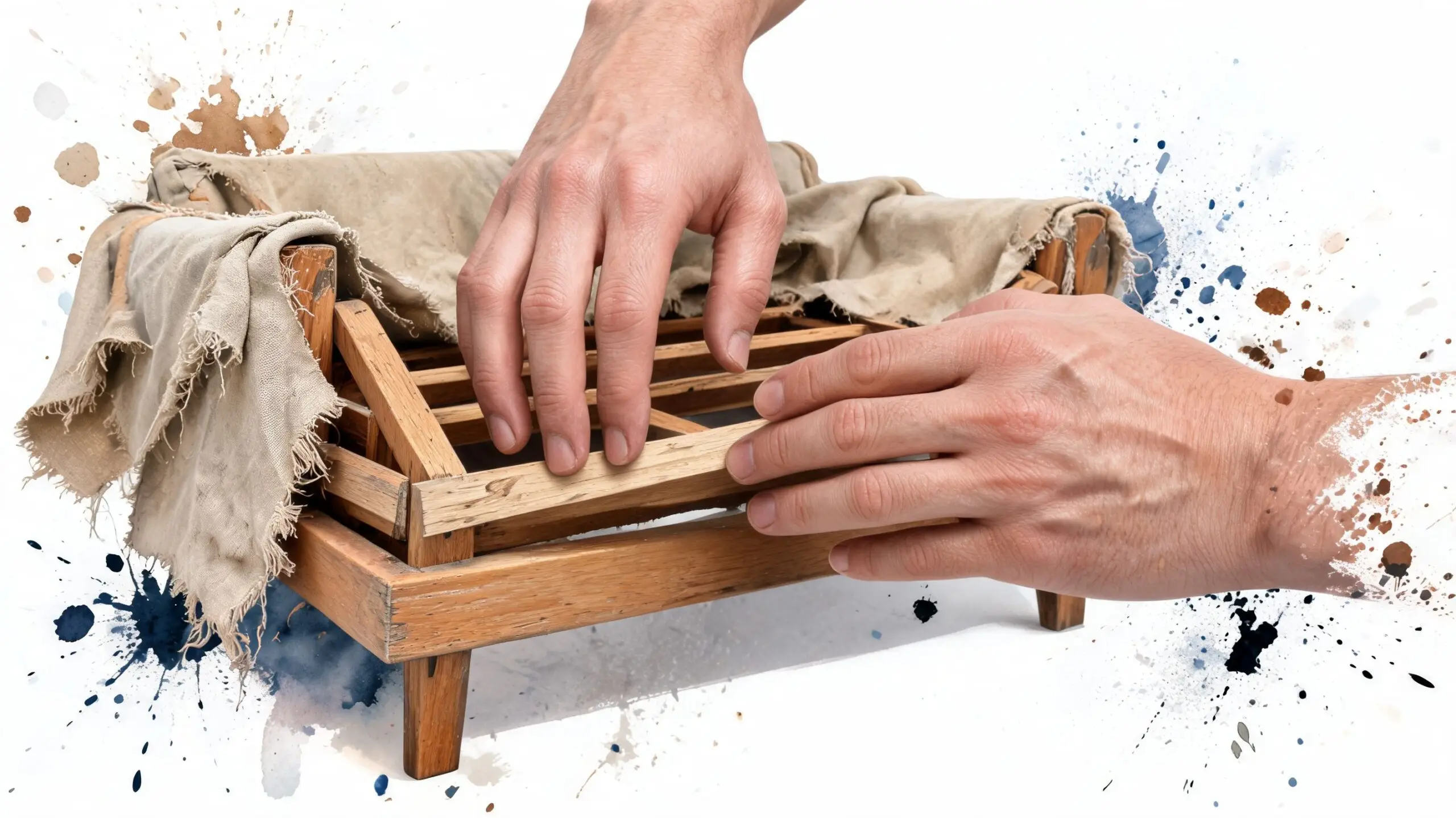 A person carefully assembling or repairing a small wooden miniature frame covered with rustic beige fabric.