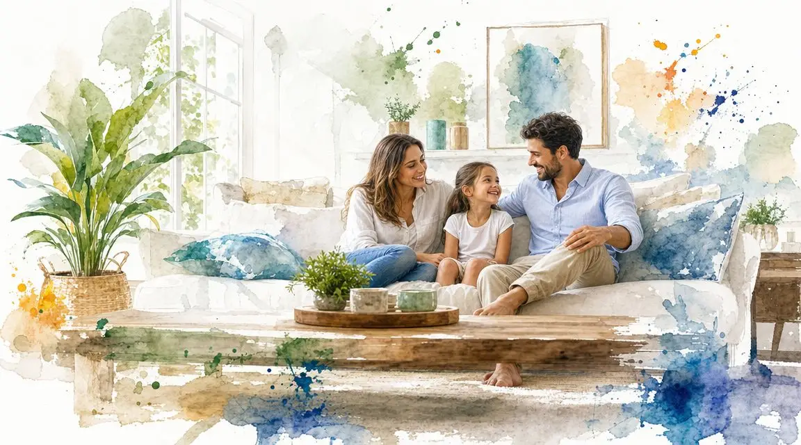 A happy young family sitting together on a comfortable sofa in a bright and cozy living room.