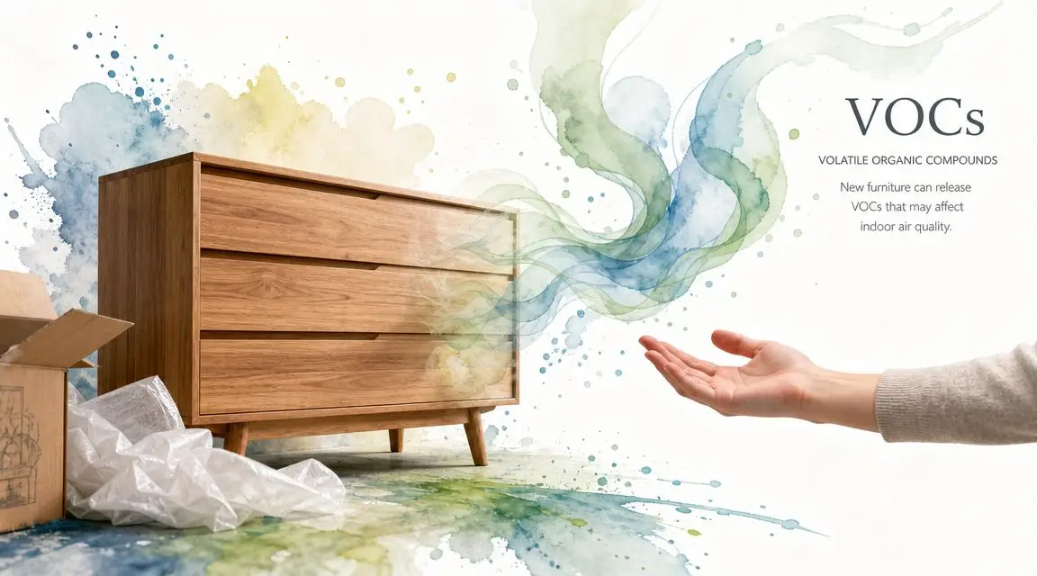 A wooden chest of drawers emitting swirling watercolor vapors towards an outstretched hand, representing VOC off-gassing from furniture.