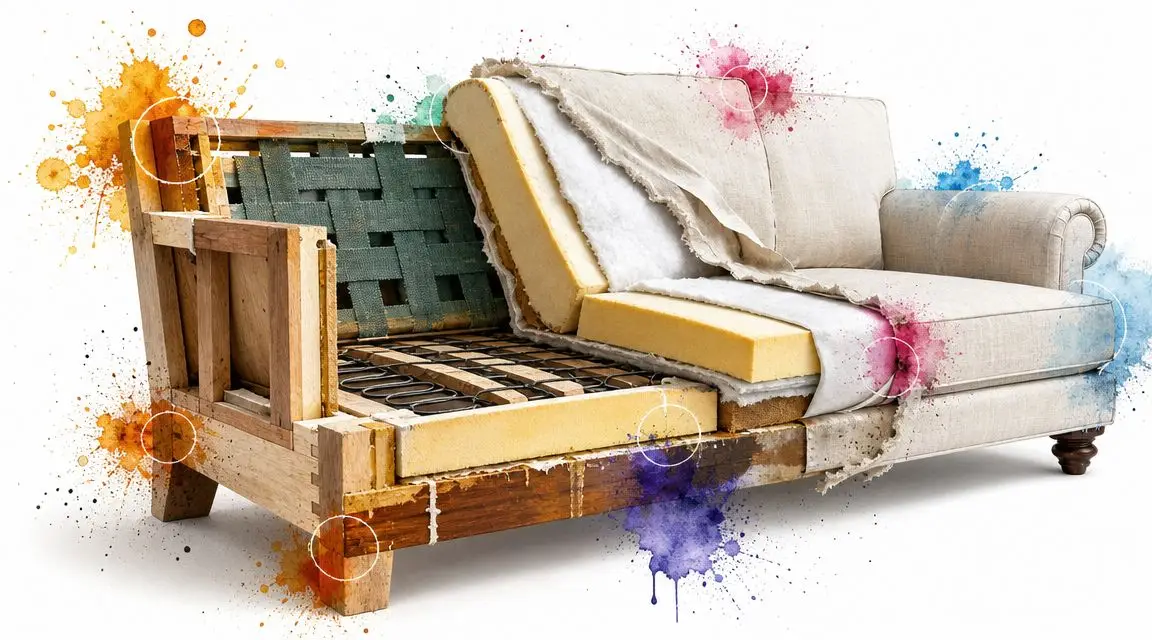 A cutaway view of a sofa showing its internal wooden frame, springs, and upholstery layers.