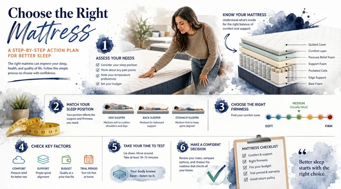 An infographic titled Choose the Right Mattress showing a six-step action plan for selecting a mattress.